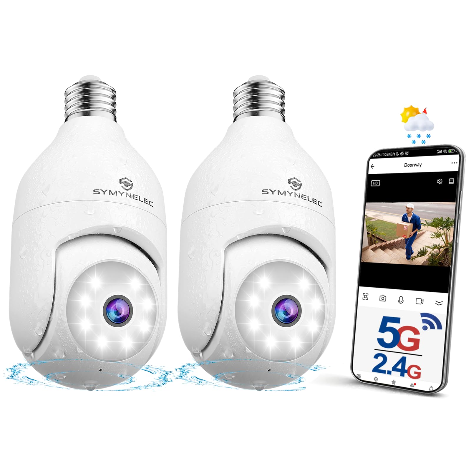 SYMYNELEC Light Bulb Security Camera: Outdoor Wireless WiFi Light Socket Security Cam 360 AI Motion Detection Auto Tracking 2K Color Night Vision 2-Way Talk Siren (5GHz&2.4GHz 2-Packs)