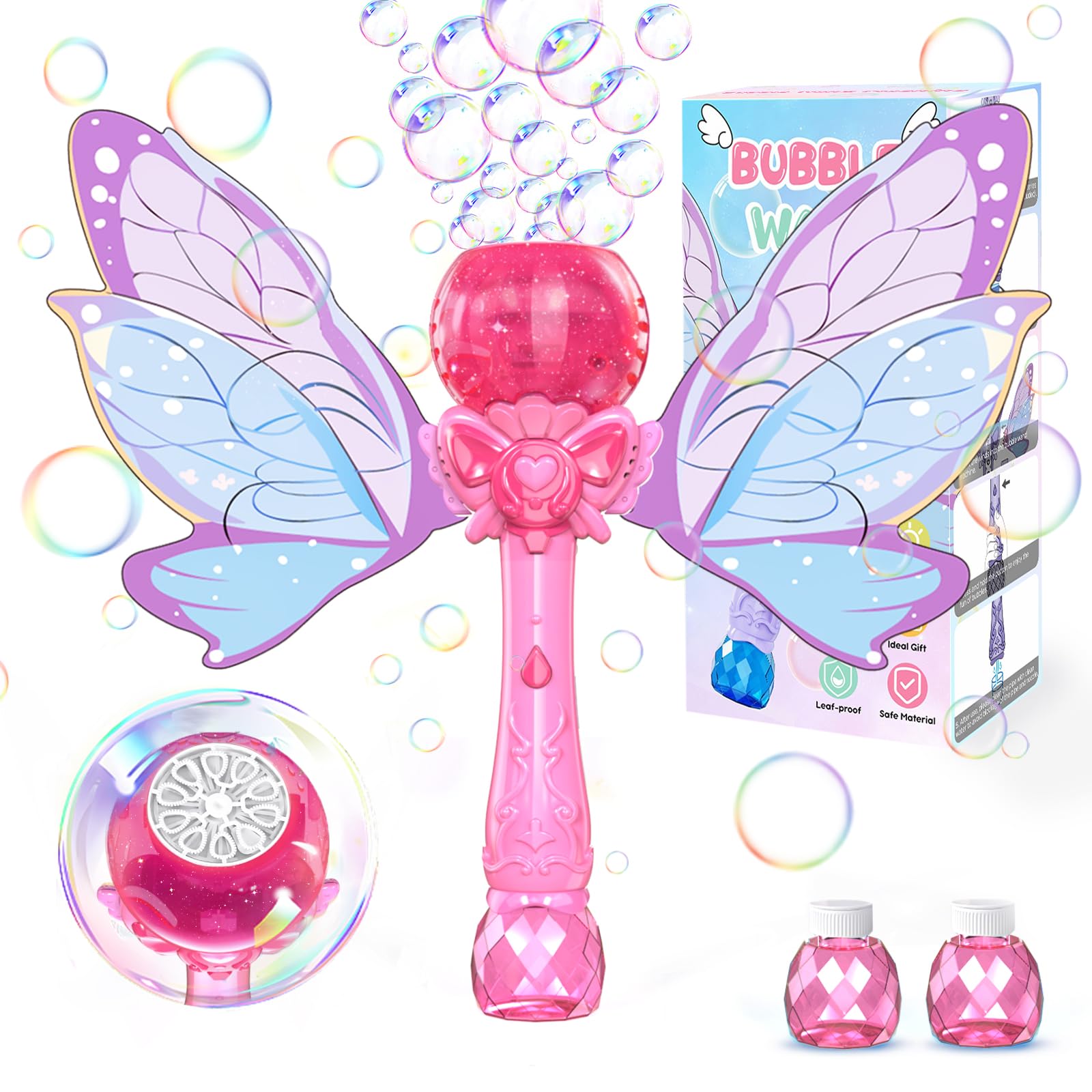 Butterfly Bubble Wand for Kids Girls, Automatic Bubble Machine with Lights/10000+ Bubbles/2 Bubble Solution, Handheld 10 Holes Bubble Wand Machine Toy for Outdoor Party Wedding Gift-Pink