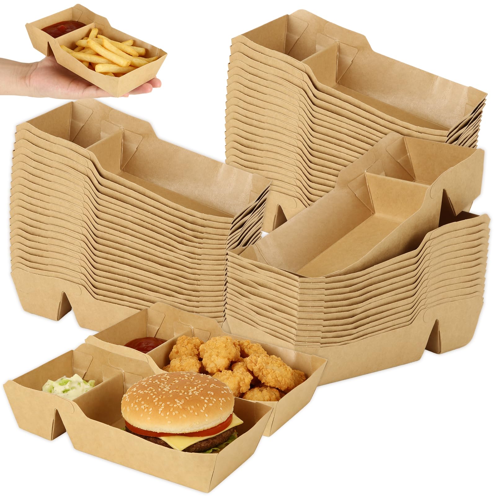 Botes de papel desechables para servir alimentos con 2 compartimentos y botes para nachos