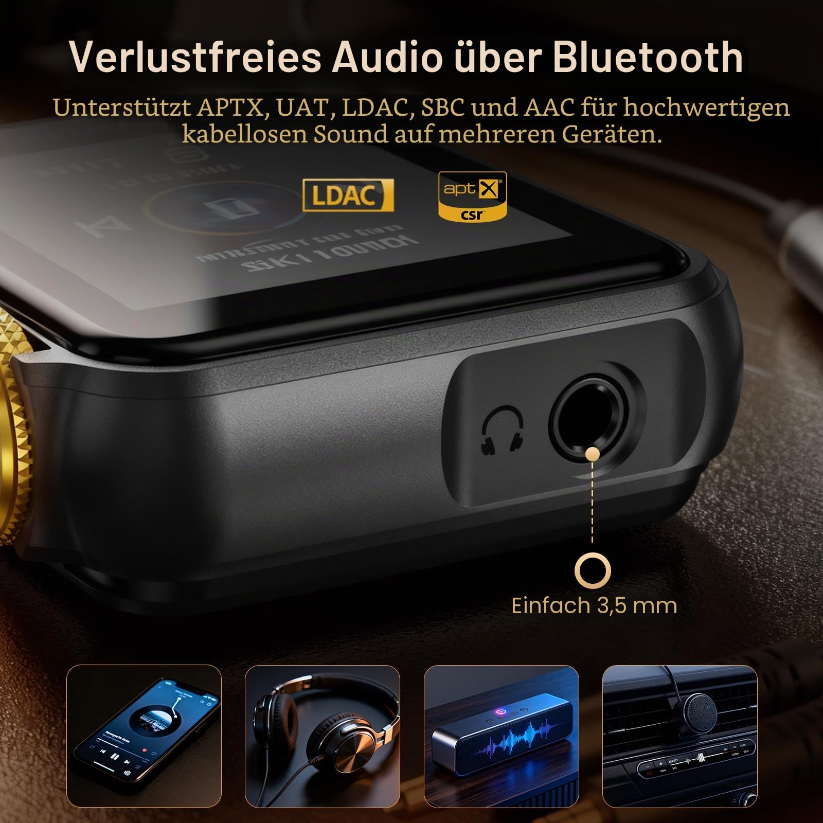 HIFI WALKER H2 Mini MP3 Player Bluetooth mit Hi-Res Audio, ESS9218 DAC, aptX/LDAC/UAT, Tragbarer Musikplayer mit Clip, Touchscreen, 64GB Speicher, Unterstützt bis zu 512GB,Schwarz