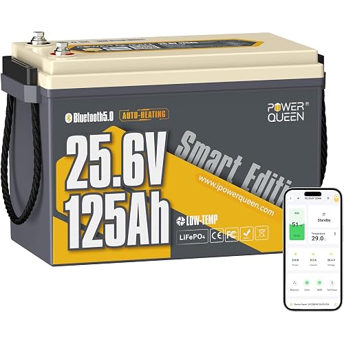 Power Queen 24V 125Ah Bluetooth Lithium Battery with Self-Heating,Trolling Motor LiFePO4 Battery - Mini Size,Low Temp Protection & IP67 Waterproof, 3200W Output Power for Marine,Yacht, Solar Off-Grid