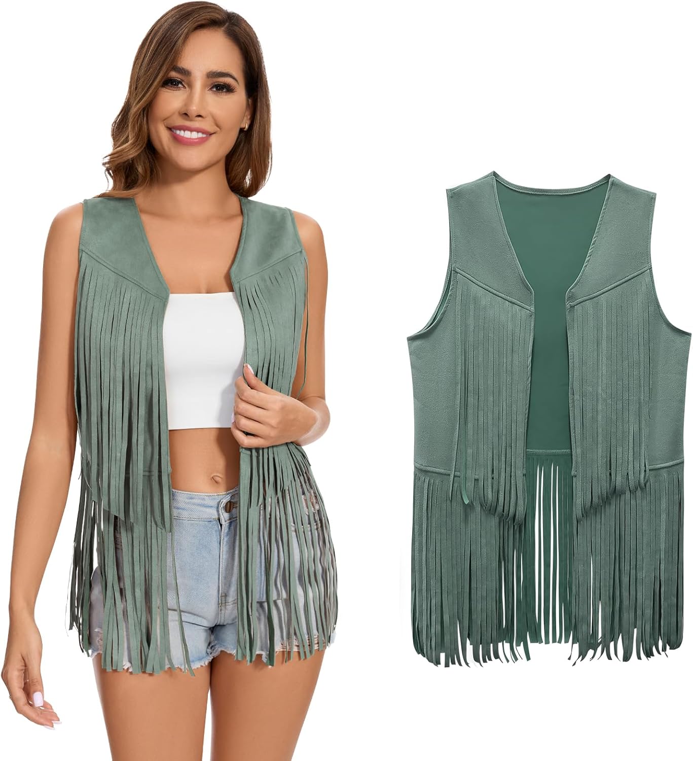 Women's Fringe Vest 60s 70s Hippie Vest Sleeveless Cowgirl Western Faux Suede Tassel Leather Jacket Hippie Party