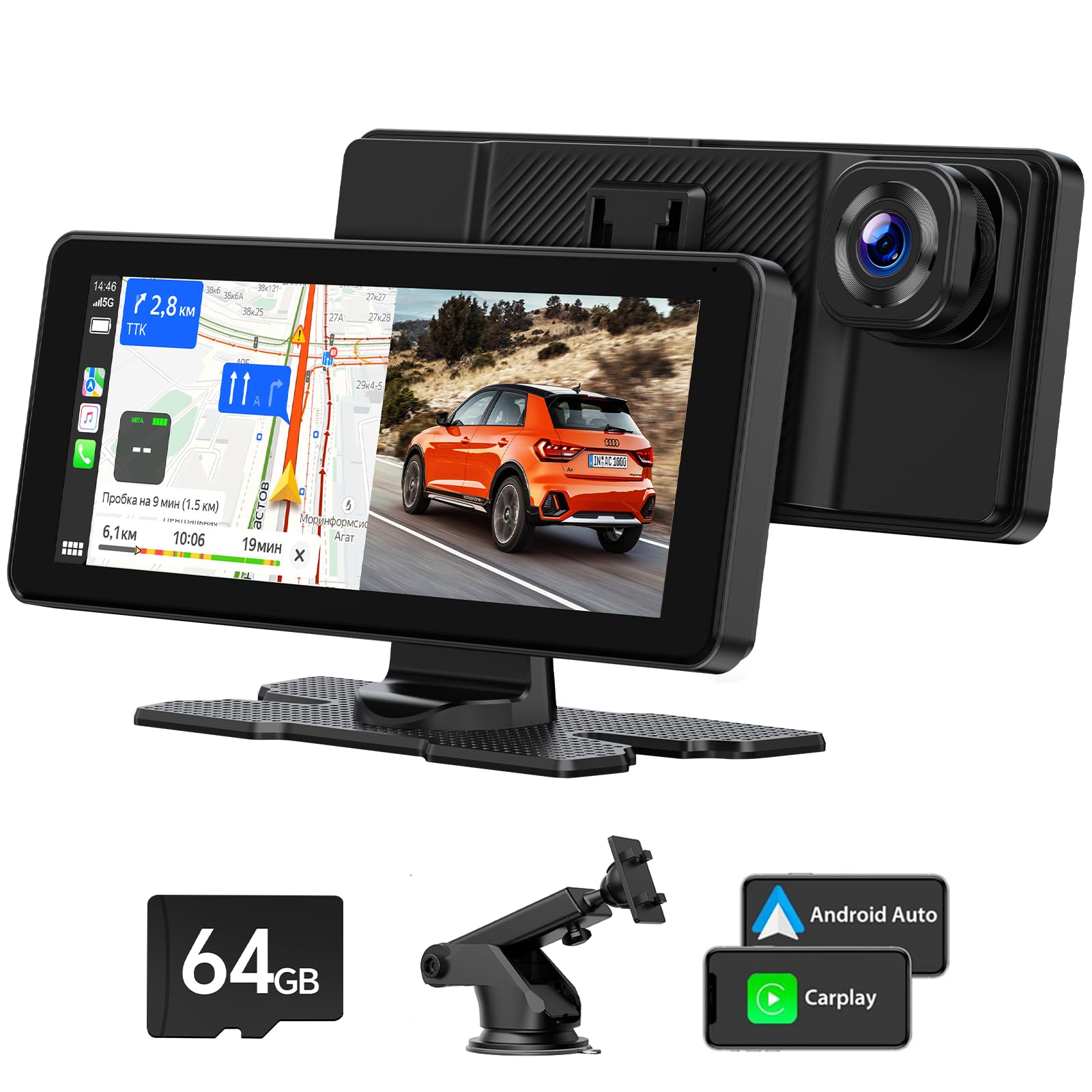 LAMTTO Wireless Carplay Display mit Dashcam 2.5K für AppIe CarPlay & Android Auto 6,86 Zoll Tragbares Car Play Bildschirm Auto mit Live-Navigation,Sprachassistent,Play Music,Mirror Link,BT5.0 AUX FM