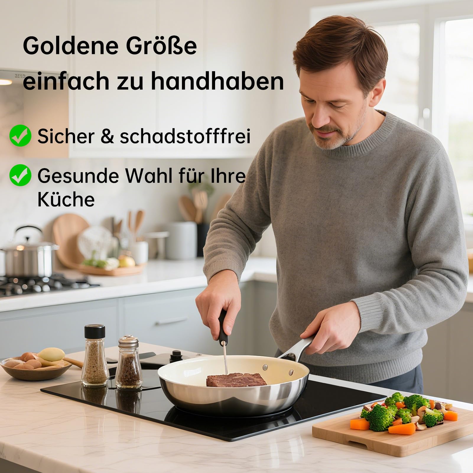 Tjean Antihaft Keramikpfannenset (Ohne PFTE, PFOA, PFAS) mit Edelstahlgriff, geeignet für Induktions-, Gas-, Elektrokochfelder und den Ofen bis 280°C (Cremefarben, 20+24+28cm)