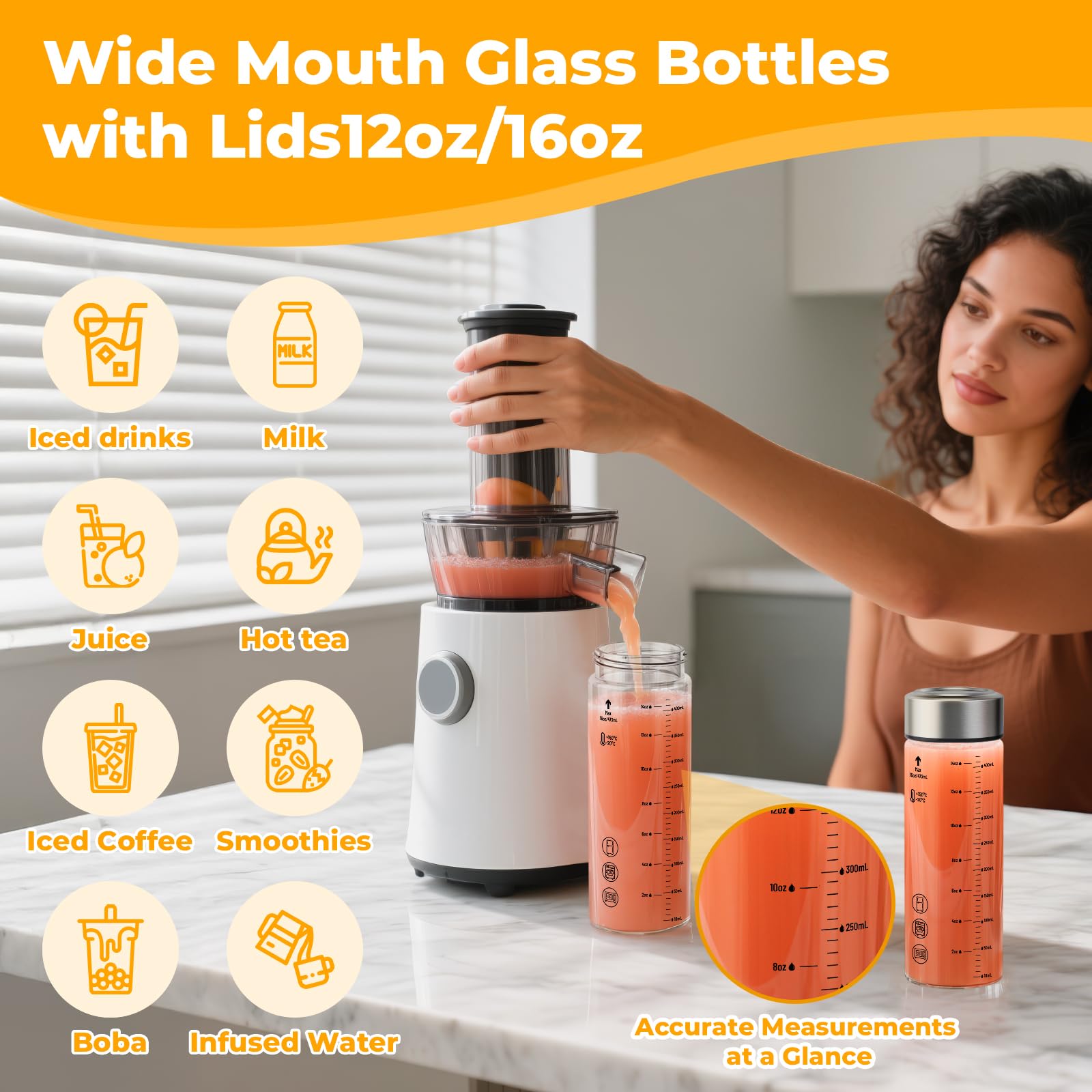 Botellas de vidrio para jugo, paquete de 6 botellas de vidrio de borosilicato de boca ancha con tapas, resistentes al calor, a prueba de fugas, sin BPA, reutilizables para jugos, licuados 4