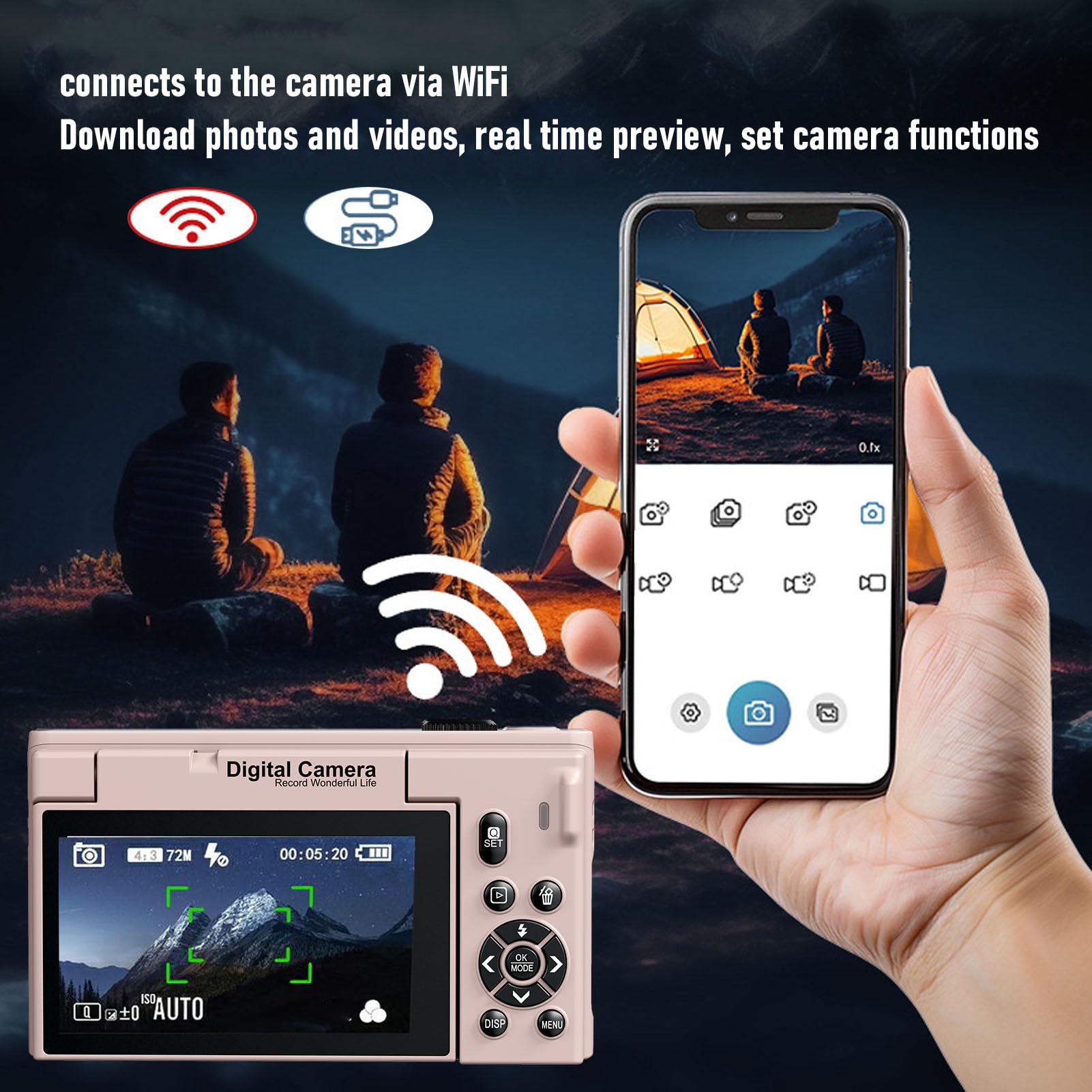 Fabater Fotocamera Digitale, Fotocamera Mirrorless WiFi 4K 75MP con Schermo Flip da 3 Pollici e Zoom 18X, Fotocamere da Viaggio Compatte per Ritratti Paesaggistici e Vlogging di (PINK)