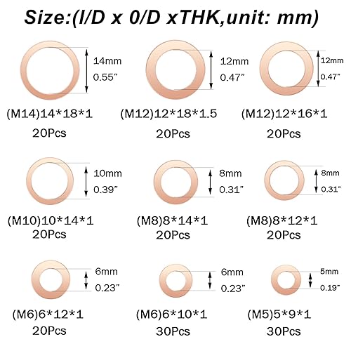 Miniatura 2 de Kit surtido de arandelas planas de cobre, juego surtido de 200 arandelas métricas de sellado de cobre, 9 tamaños, M5M6M8M10M12M14