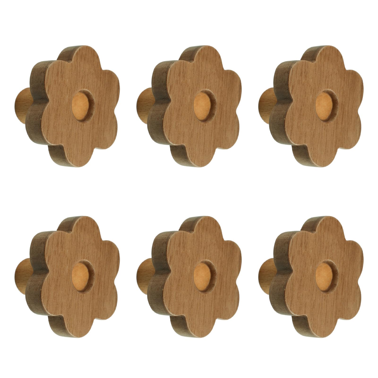 MOROBOR 6pcs Flower Shaped Wooden Knobs Single Hole Walnut Wood Handles Wood Cupboard Cabinet Handles Knob for Chest of Drawers with Screws& Expansion Tube — image 1