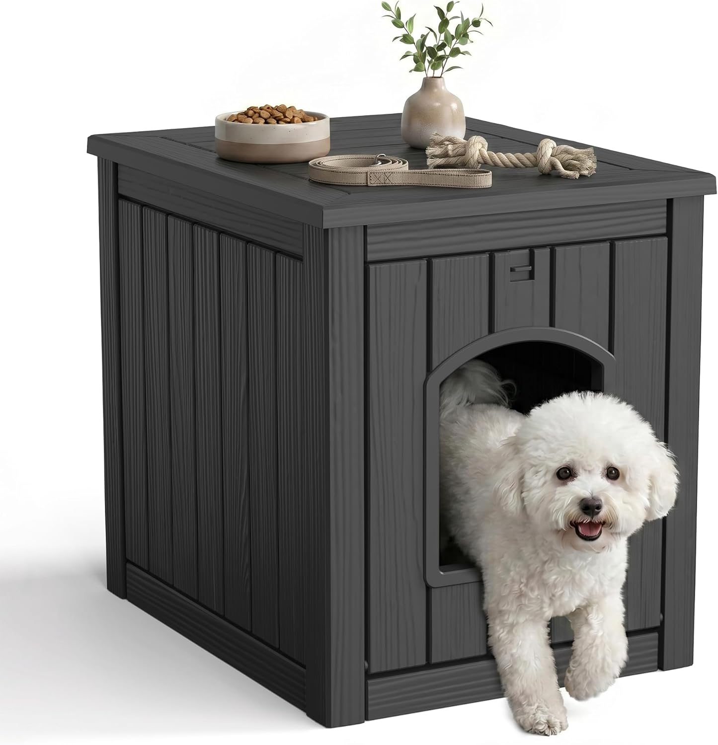ROJIK Outdoor Indoor Dog House Waterproof, Resin Pet Shelter with Flip Lid Design and Elevated Floor, Portable Easy Assembly Shelter for Small Medium Dogs Cats Ducks(Black)