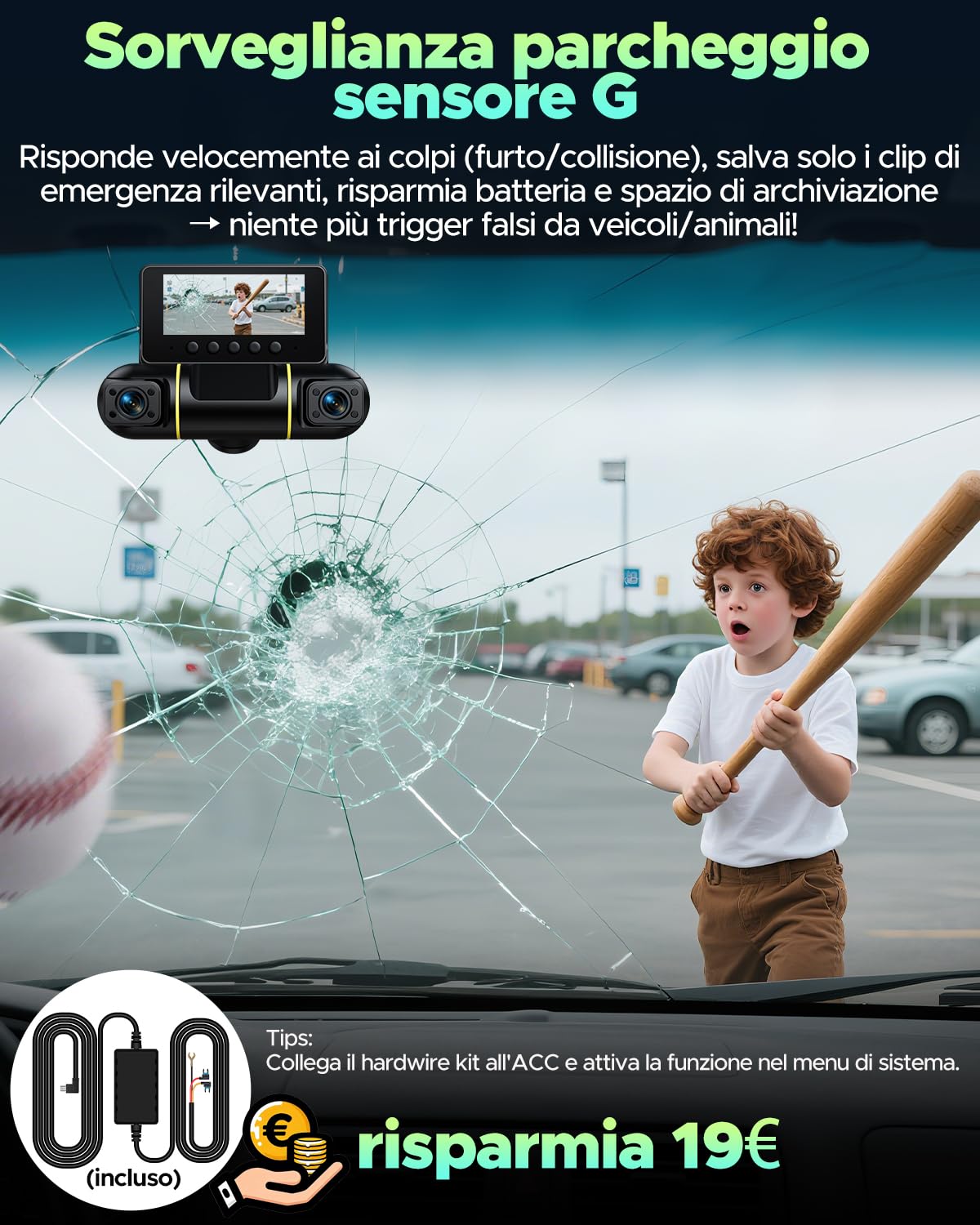 LAMTTO Dash Cam Auto 360 Gradi Dashcam Controllo APP WiFi 5G 4 Canali Telecamera per Auto Monitoraggio del Parcheggio IR Visione Notturna Kit di Cablaggio Scheda 128GB Gratuita