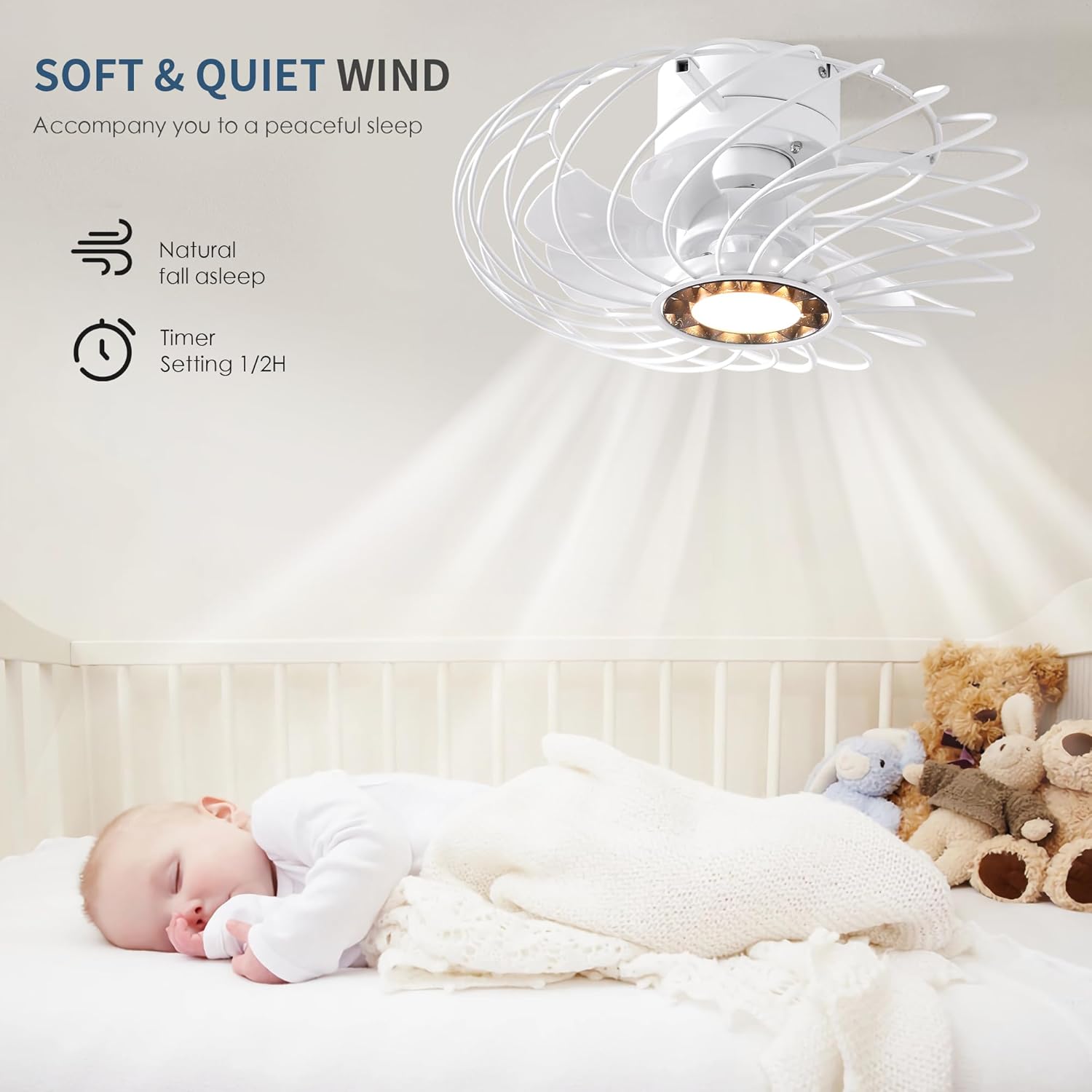 REDSTAR Ceiling Fans with Lights, White Flush Mount Enclosd Caged Ceiling Fan with Light for Bedroom, Laundry Room, Cloakroom, Cabinet Room, Debris Room, Foyer, Corridor