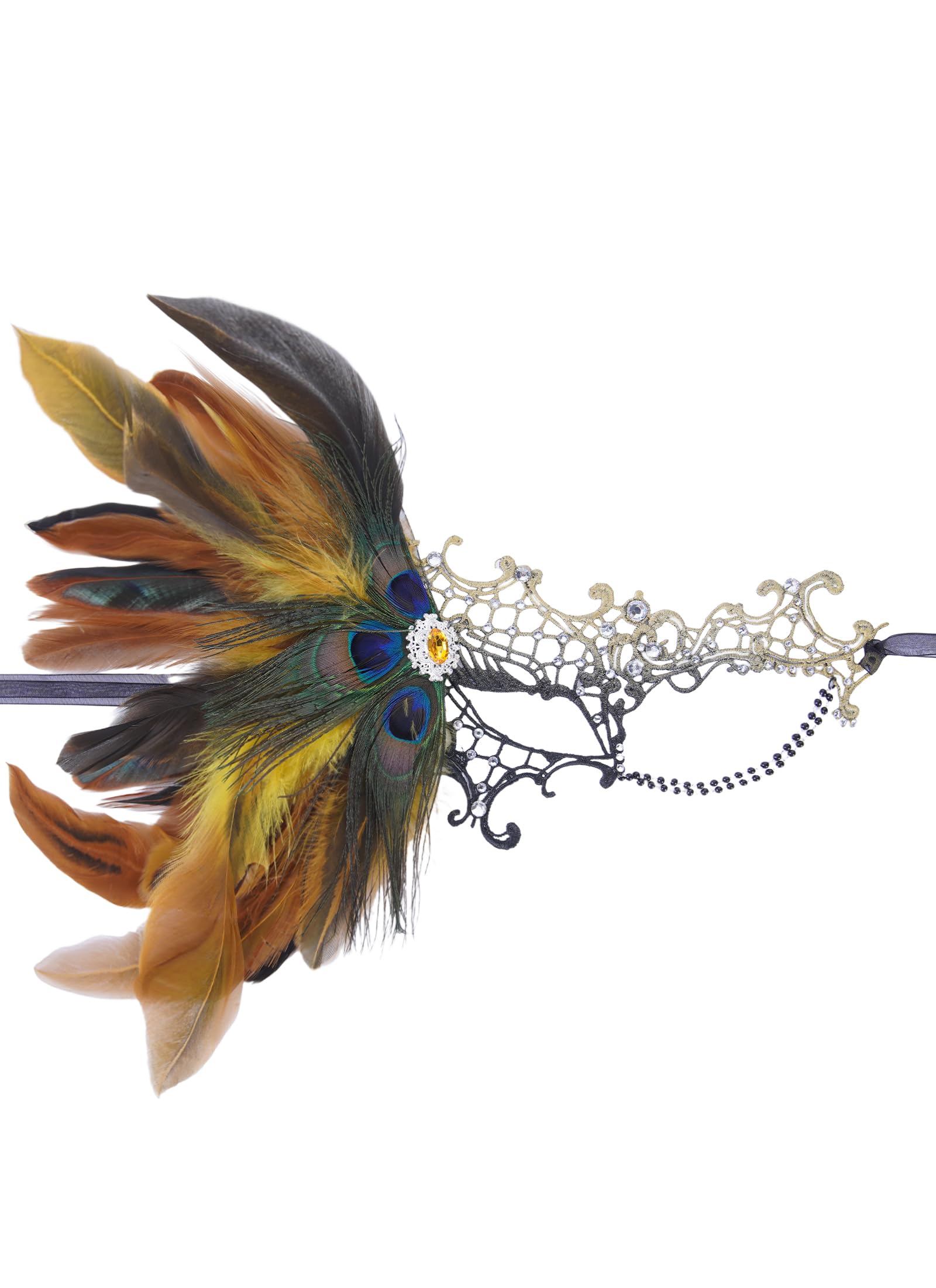 ETOFETE Lace Masquerade Mask for Women Peacock Feather Eyemask, Black Gold