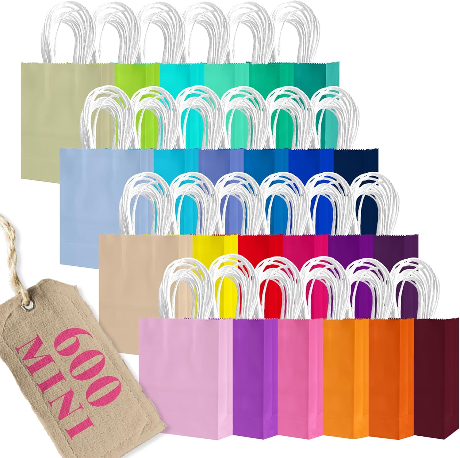 qiqee 600Pcs Mini Paper Gift Bags with Handles - Party Favor Bags - 24 Solid Colors(12×15×6cm / 4.5"×6"×2.5")