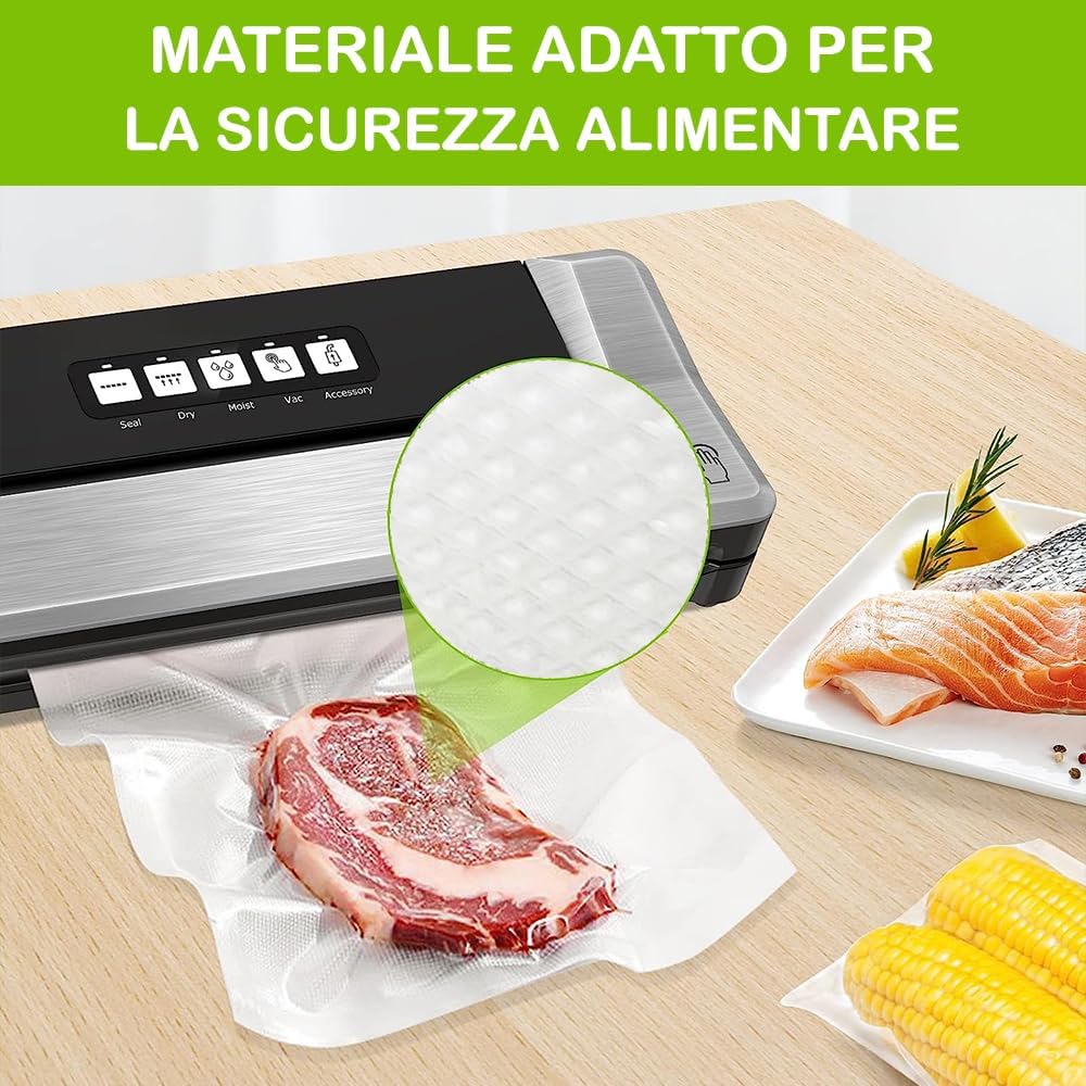 GM 100 Sacchetti Sottovuoto Goffrati per Alimenti, Misura 12x25 cm per Tutte le Macchine Sottovuoto, Buste Sottovuoto per Conservazione Alimenti e Cottura, Senza BPA