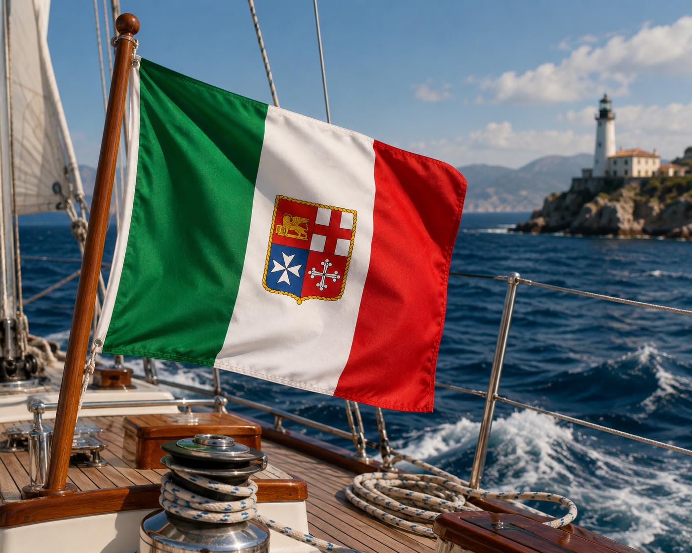 Bandiera Italia Marina Mercantile – Bandiera Nautica Italiana con Stemma Marina Mercantile – Tessuto Resistente per Barca, Yacht, Porto, Eventi e Collezione Misure 145 x 230 cm