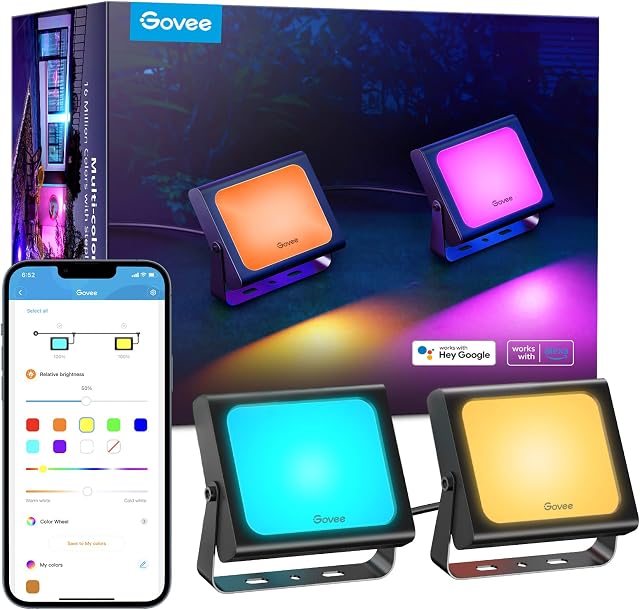 Govee Flood Lights Outdoor 2 Pack, 2200-6500K Dimmable RGBIC Warm White and Daylight, Smart WiFi APP Control, Work with Alexa, IP66 for Garden Lawn
