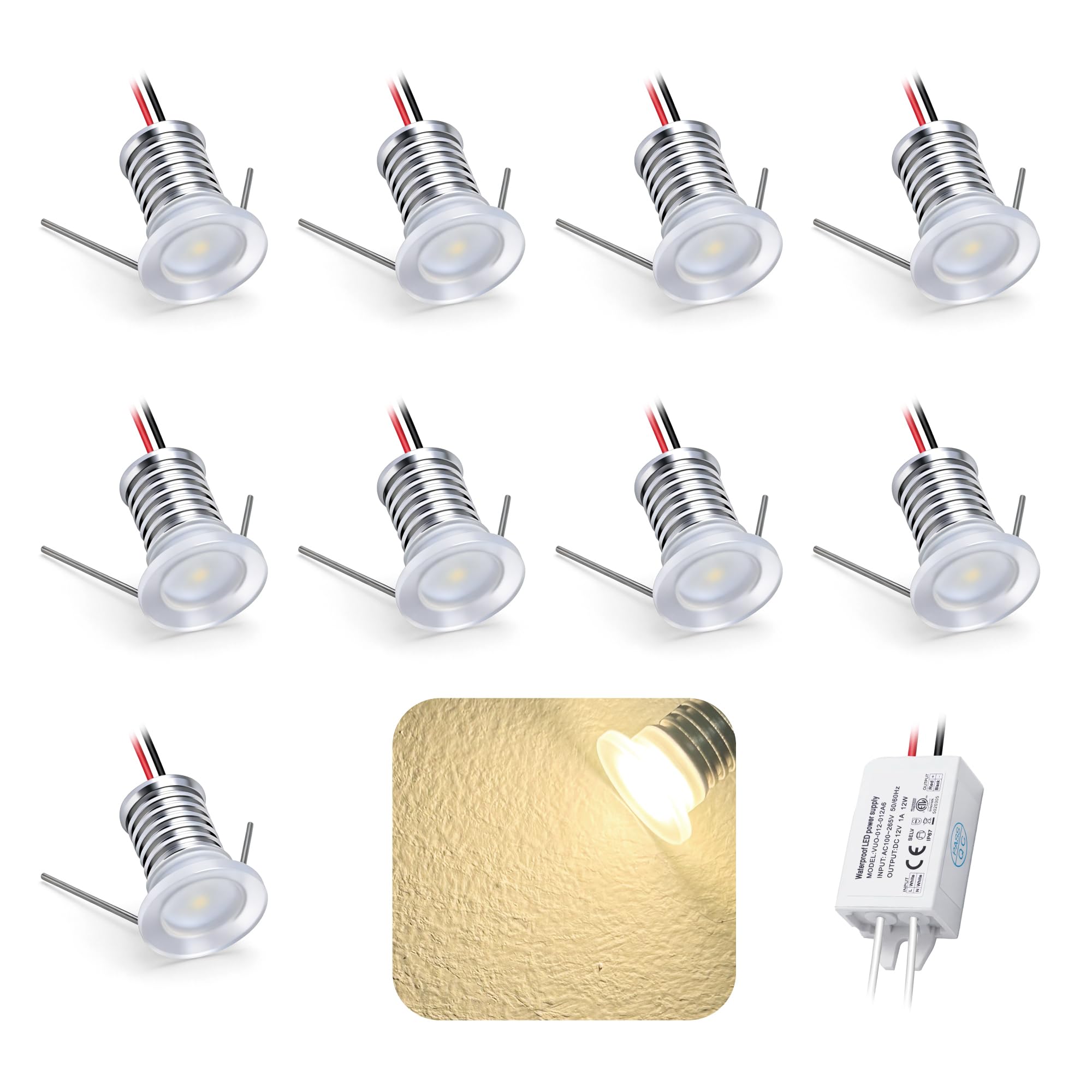 kpslucerna 9pcs 12V 1W Mini LED Downlight, IP65 Water Resistant Small Recessed Spotlight RGB, 15mm Round Plinth Spot Light Cabinet Showcases Displays Wall Stair Kitchen Bathroom (Warm White Light)