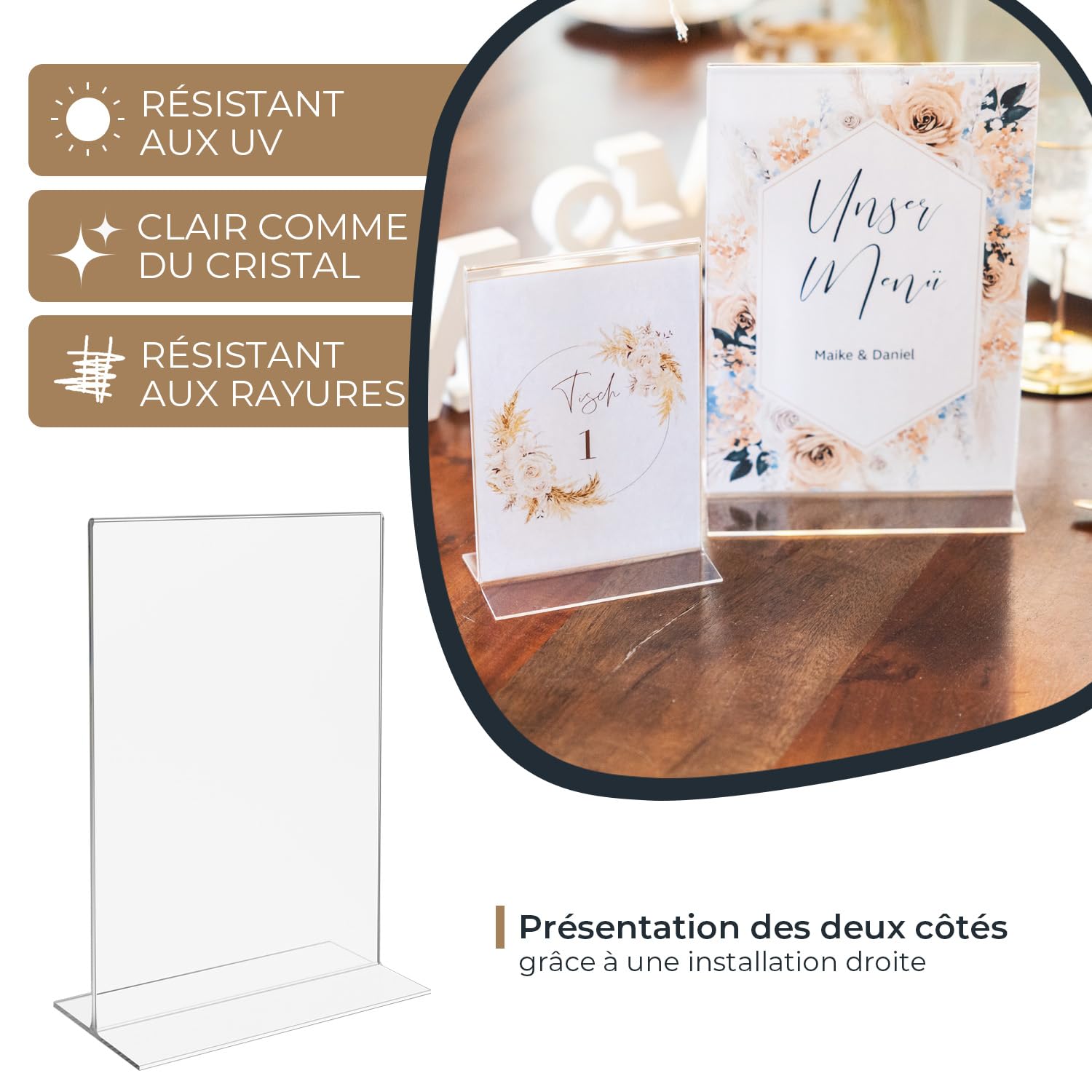 Svalor Lot de 6 présentoirs de table A6 en acrylique avec base amovible - Présentoir publicitaire en T pour présentation des deux côtés - Porte-cartes de menu portrait pour restaurants, cafés