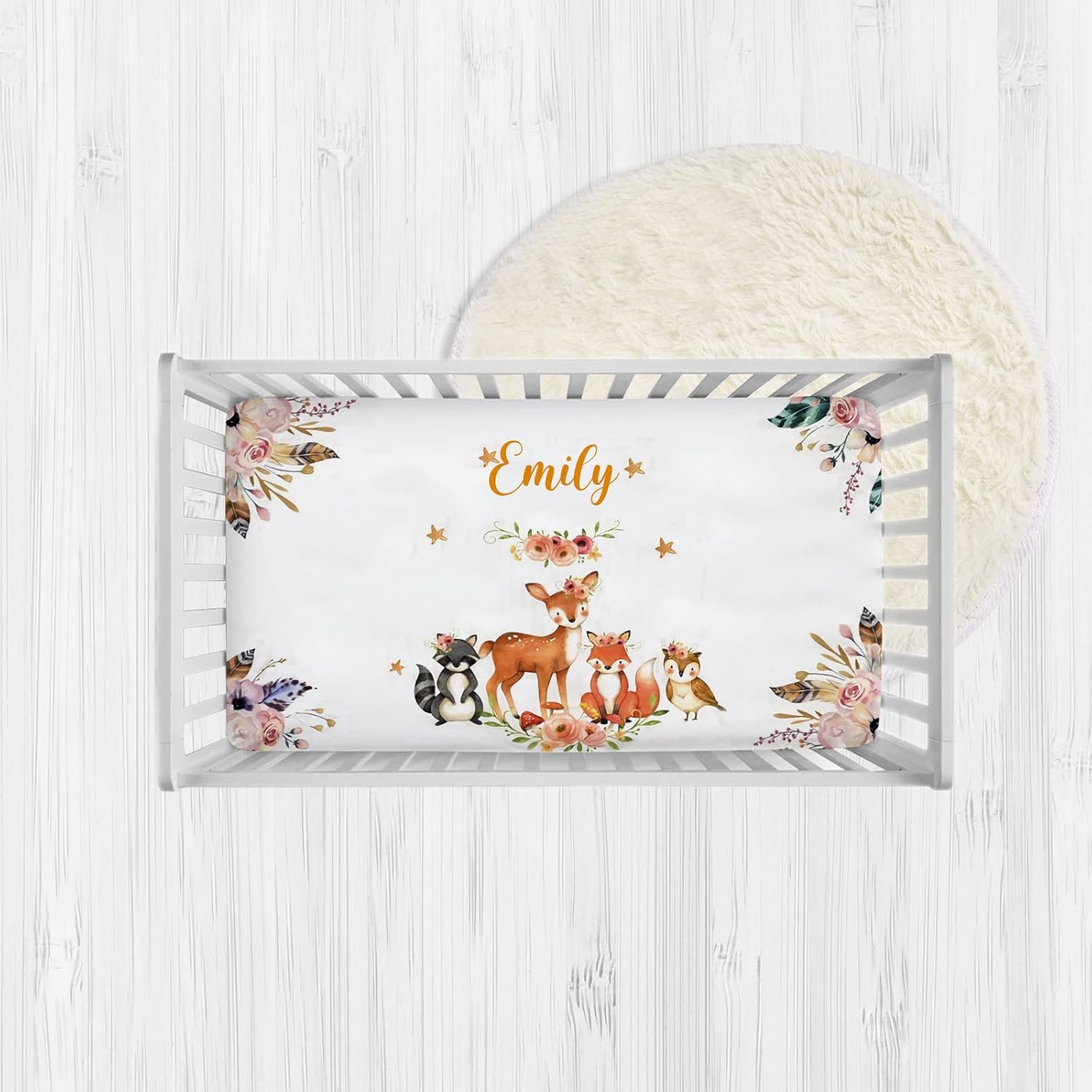 Little Deer and Fox Baby Crib Sheets, Personalized Fitted Crib Bedding Sheets with Name, Custom Pack and Play Sheet, Crib Mattress Sheets for Baby Boys Girls, Mini Crib Sheet | Name Crib Sheet