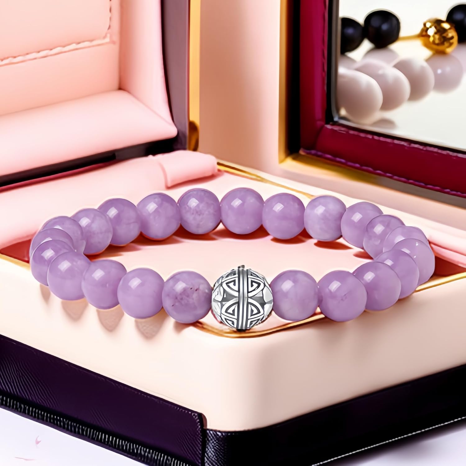 Healing Crystals Beaded Bracelets for Womens Natural Gemstone 8mm Beads Stretch Bracelets with 925 Sterling Silver Double Happiness Pendant - Image 5