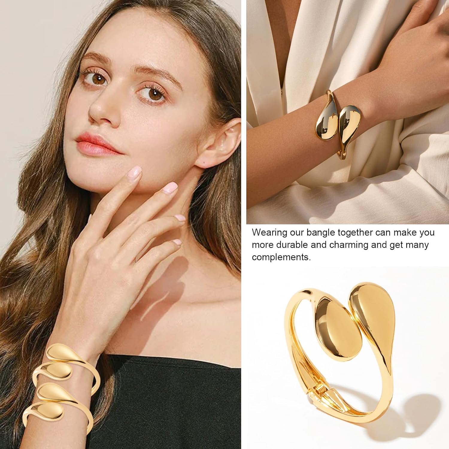YBMYCM Gold Silver Cuff Bangle Bracelets for Women Set Chunky Trendy Teardrop Adjustable Wrap Open Gold Bracelet Minimalist Hinged Arm Cuff Jewelry Gift 2pcs - Image 4