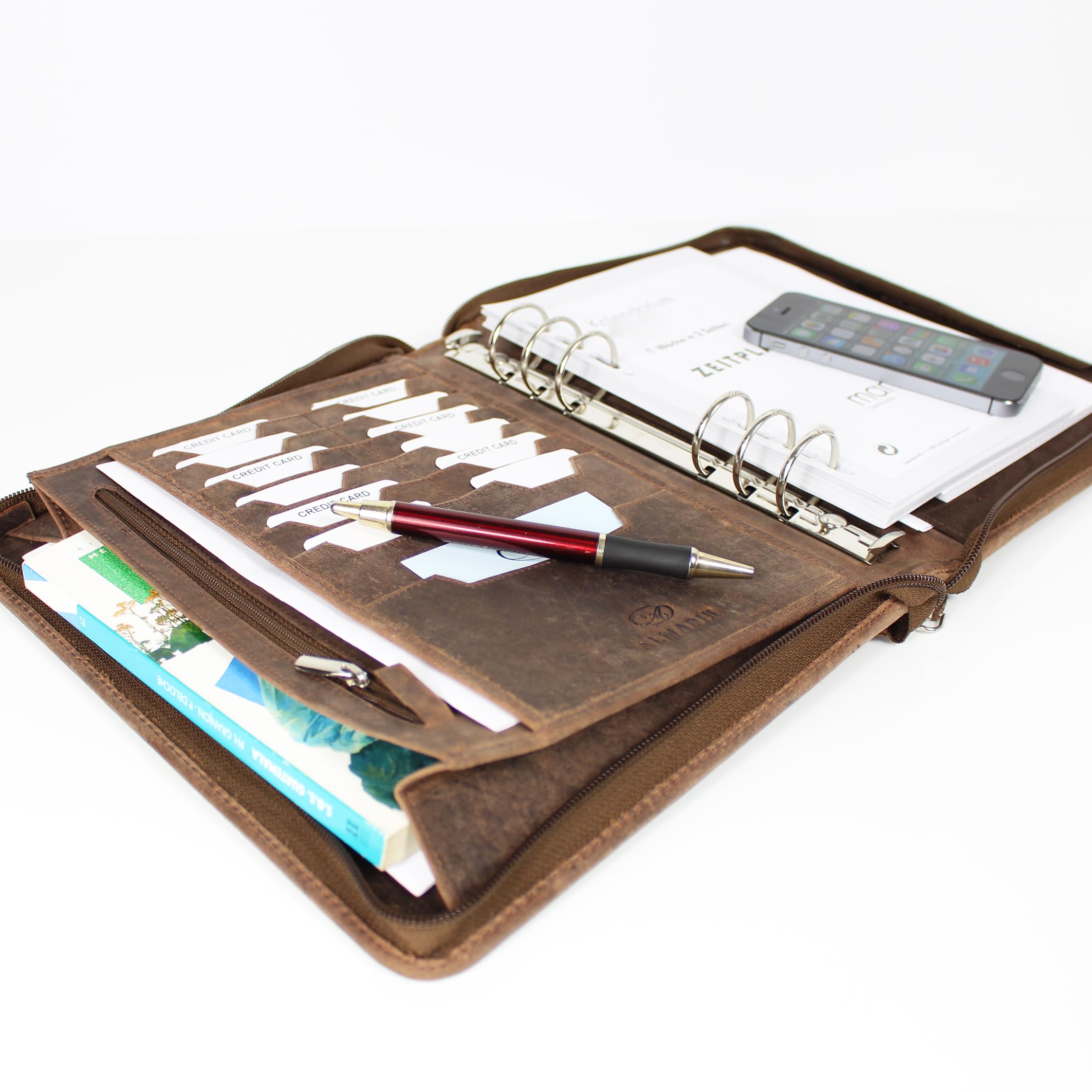 ALMADIH Ledermappe A5 Leder Organizer mit Ringmechanik Reißverschluss Kalender 2026 - Leder Mappe Premium Rindsleder braun vintage OS Ledermappe Terminplaner Terminkalender (A5 Org S bv)