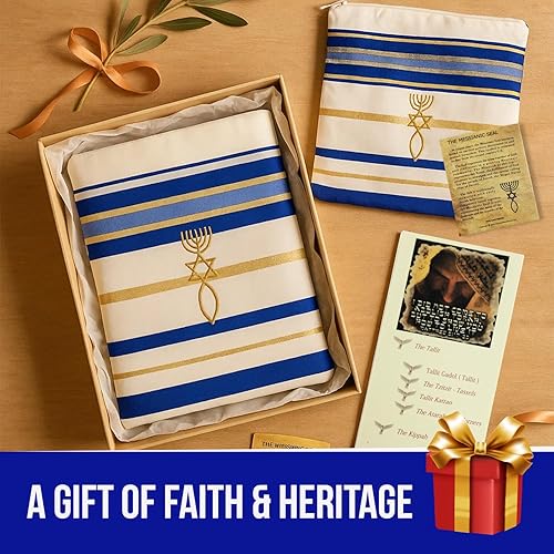 Miniatura 7 de Holy Land Market Mantón mesiánico de oración Tallit azul reydorado con bolsa, tarjeta y folleto a juego de Israel