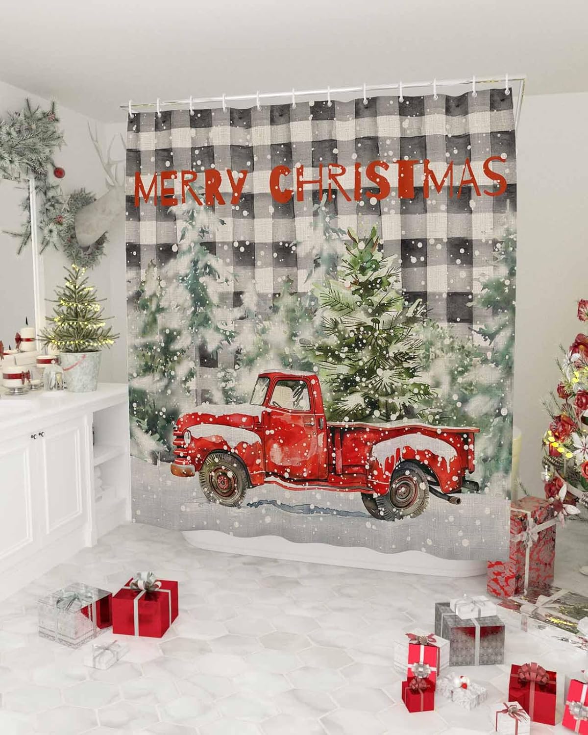 Christmas Shower Curtain Set with Hook 72" x 96",Snowy Pine Tree Red Truck Black Grey Plaid Washable Cloth Polyester Fabric Shower+Curtain,Waterproof Bath Curtains for Bathroom,Showers,Bathtubs Decor