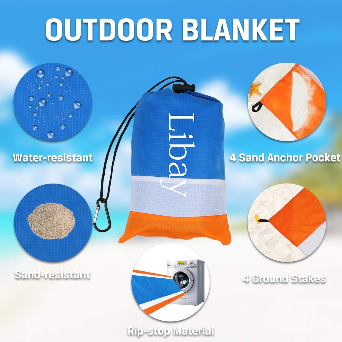 Libay Beach Blanket, Large Size 83"x78" Sand Free Picnic Blankets Waterproof Mat with 4 Stakes and 4 Corner Pockets, Lightweight & Durable for 4-7 Adults Travel Party Sports Camping Hiking