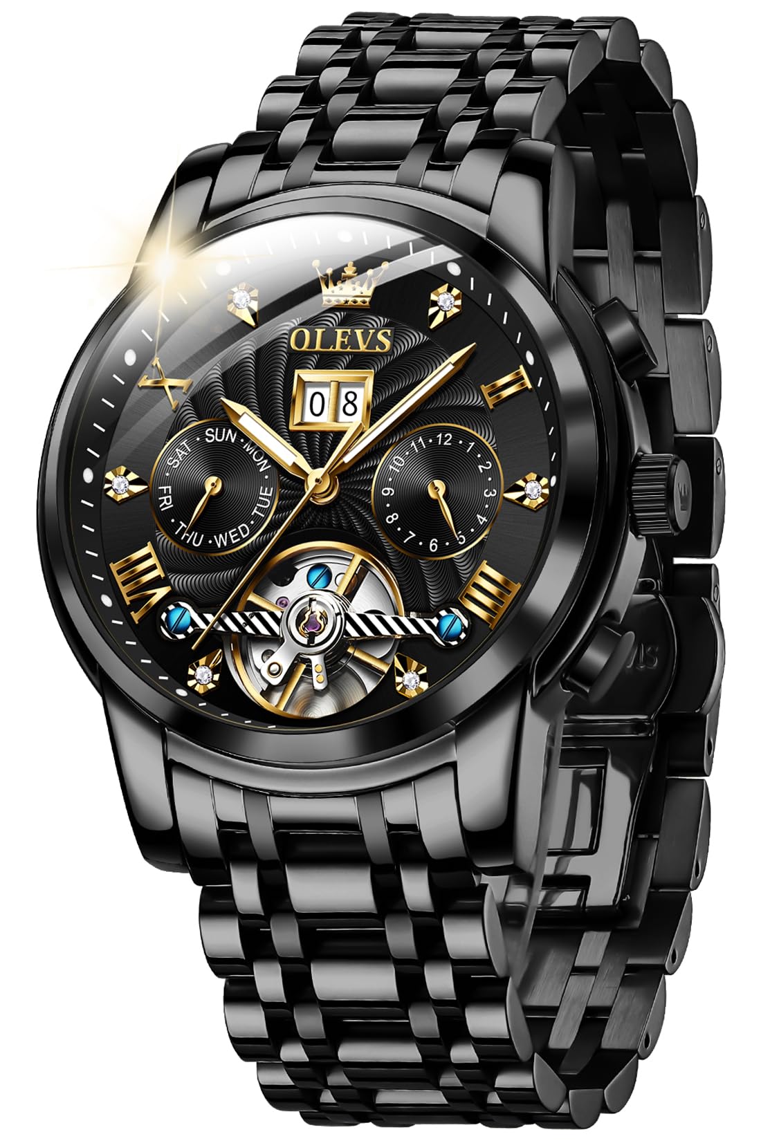 OLEVS Automatic Watches for Men Diamond Skeleton Mechanical Tourbillon Self Winding Luxury Dress Wrist Watches Calendar Luminous Waterproof