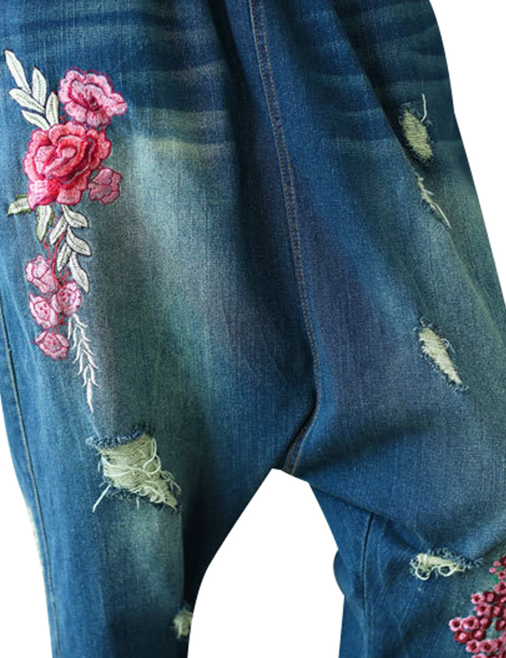 Youlee Femmes Taille Elastique Brodé Drop Crotch Pantalons Jeans Sarouel
