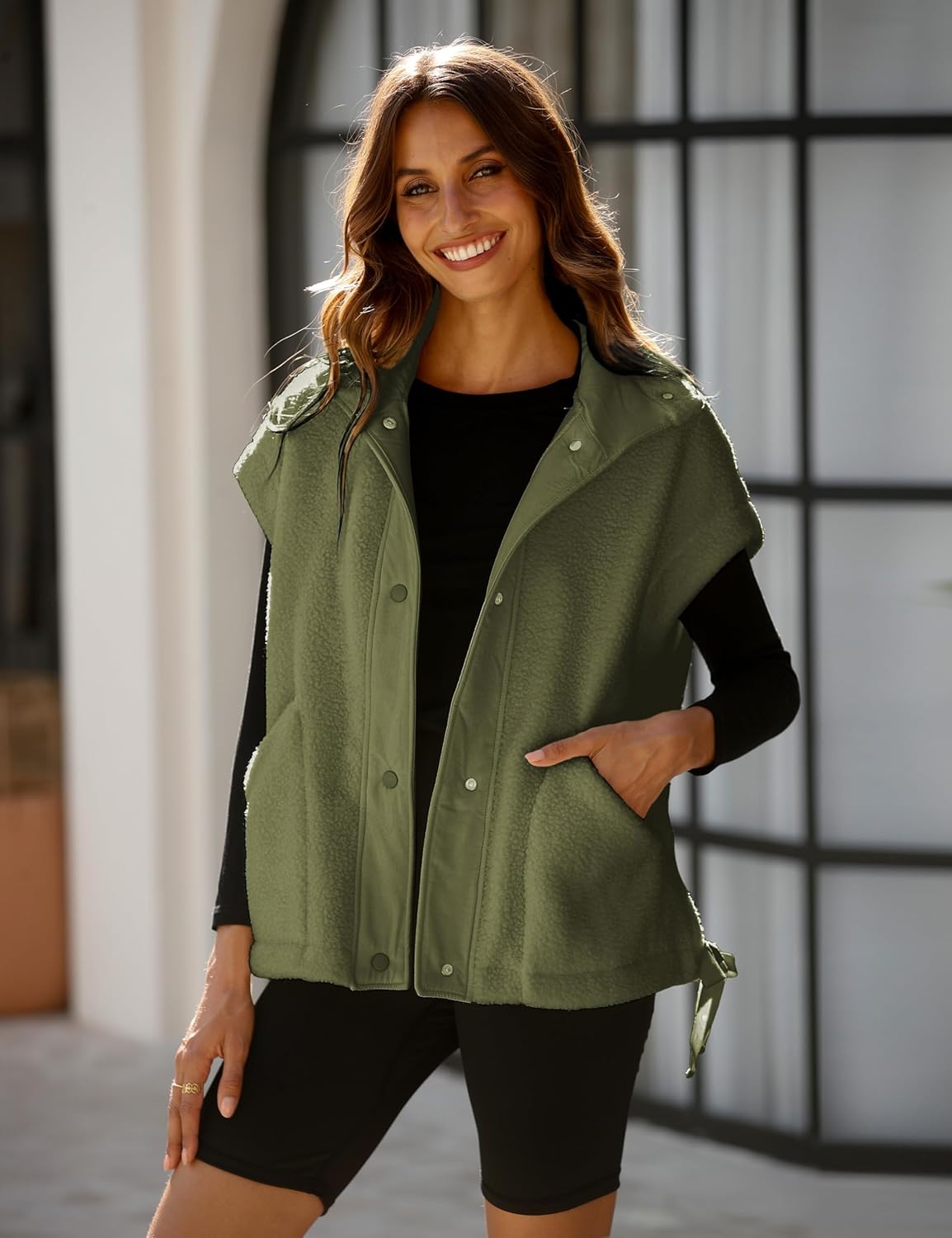 Women Oversized Fleece Vest Trendy Sleeveless Button Down Fuzzy Sherpa Jacket Winter Warm Outerwear Vest with Pockets - Image 2