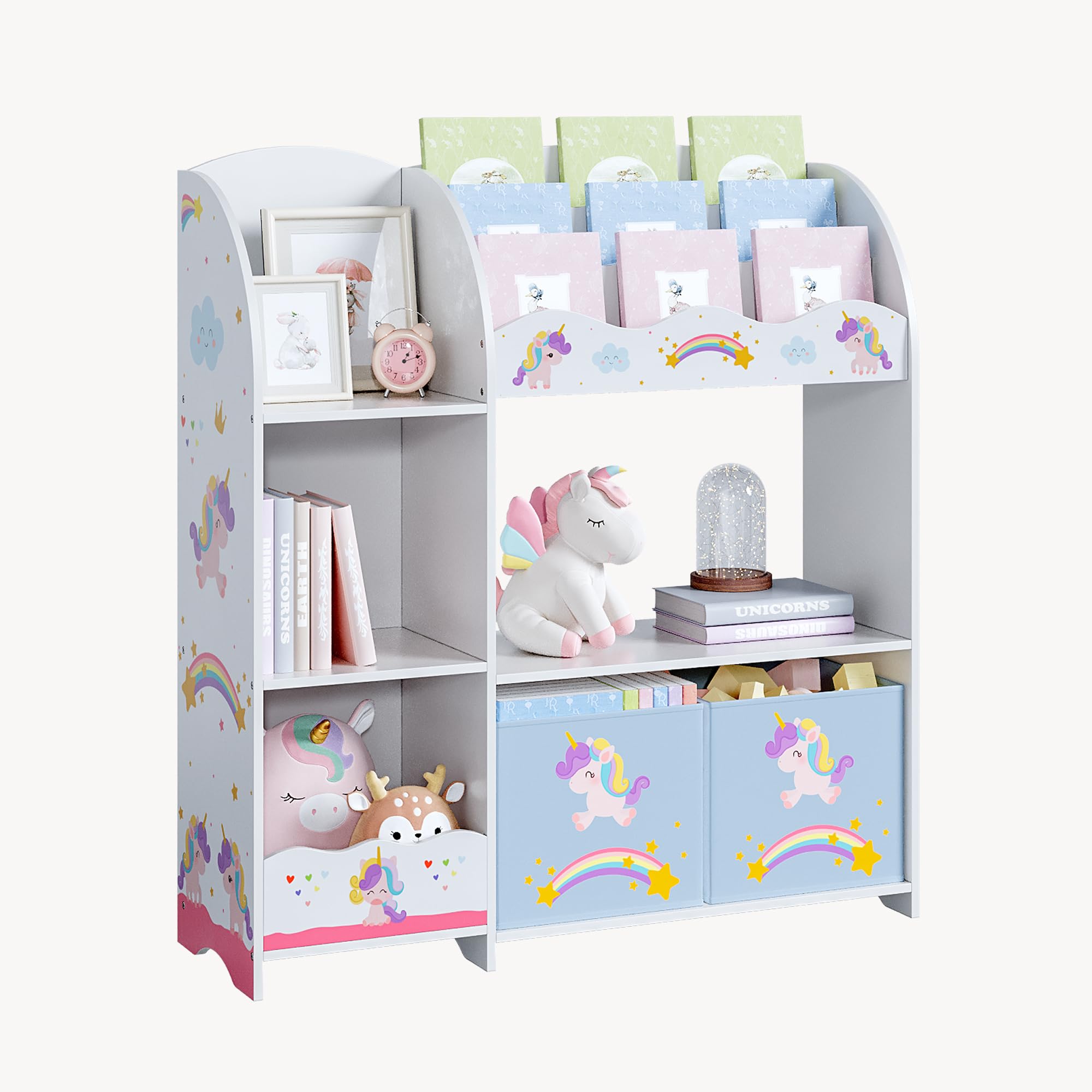 [en.casa] Scaffale per Cameretta con Ripiani 2 Scatole Porta Giochi Contenitori a Scaletta per Bambini Mobile Organizzatore a Misura di Bimbi - Design a Unicorno