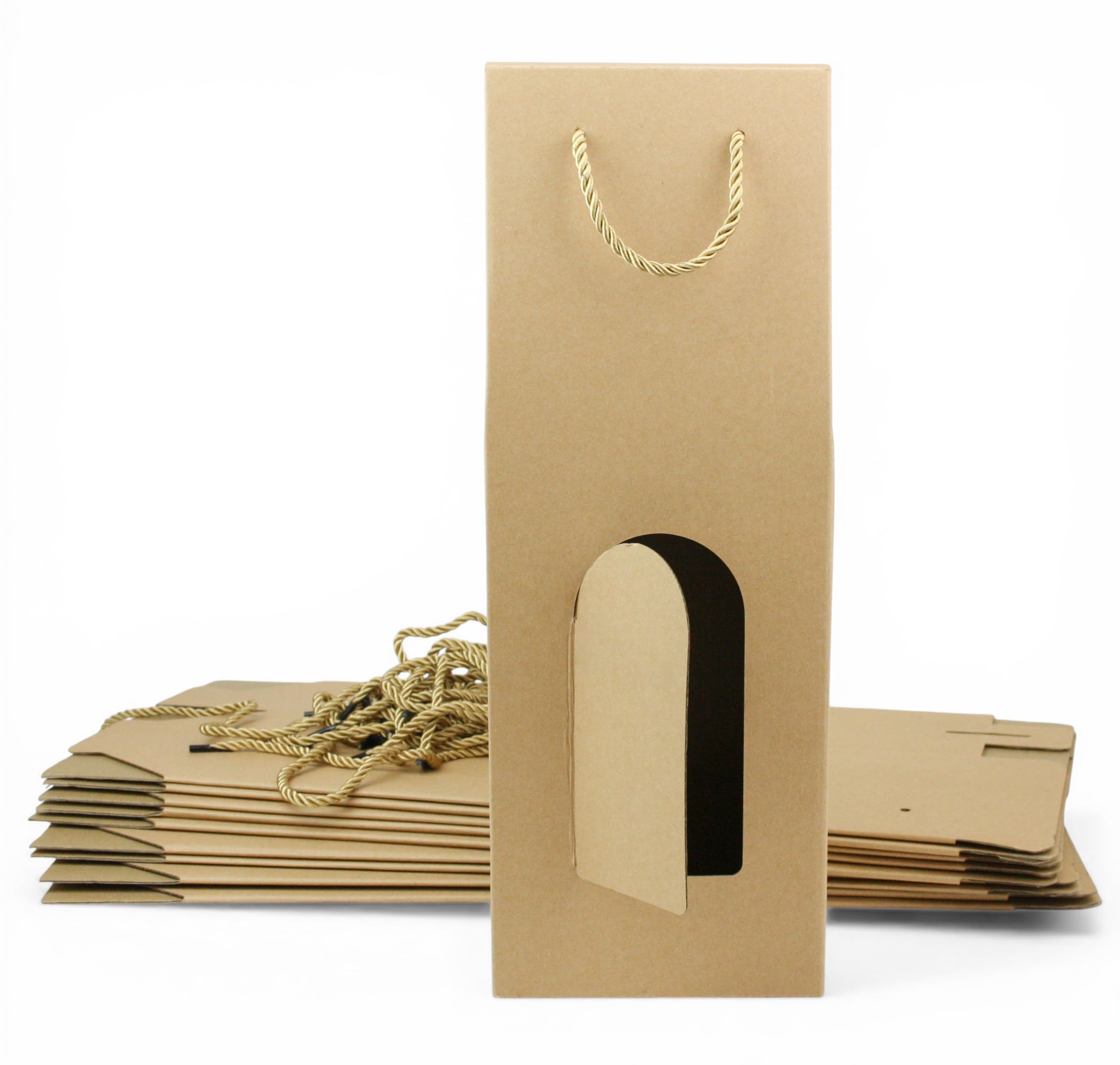 Emartbuy Brown Kraft Bottle Gift Bag with Window & Rope Handle – Premium Single Wine Bottle Holder – Size 36 x 12 x 9 cm – Pack of 24