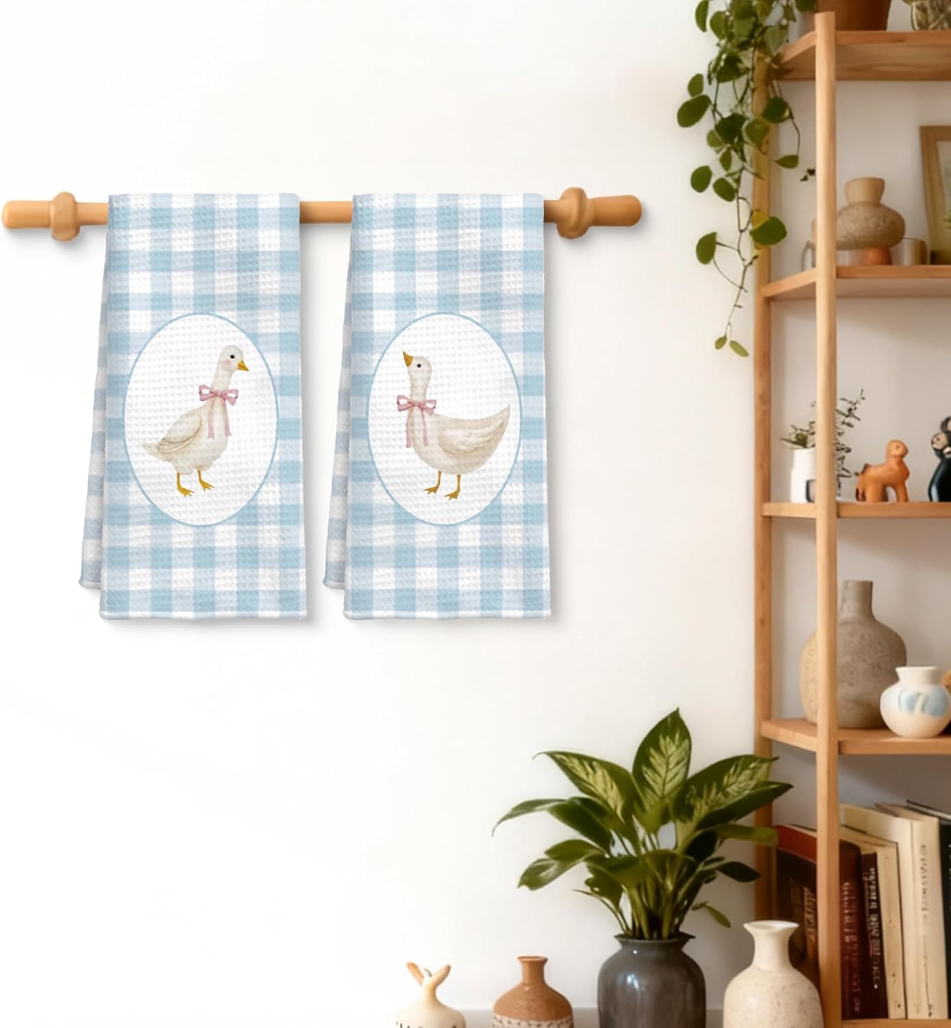 Farmhouse Goose Kitchen Towels Set of 2, Goose Decor Blue Gingham Checkered Dish Tea Towels, Coquette Pink Bow Goose Nursery Hand Towels for Bathroom Kitchen Decor, 16x24 Inch