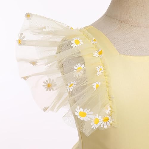 Ruffle Sleeve Embroidery Flower Girl Lace Dress for Kids Wedding Princess Birthday Party Prom Floral Embroidered Tulle Dress(Yellow Daisy,4-5T)