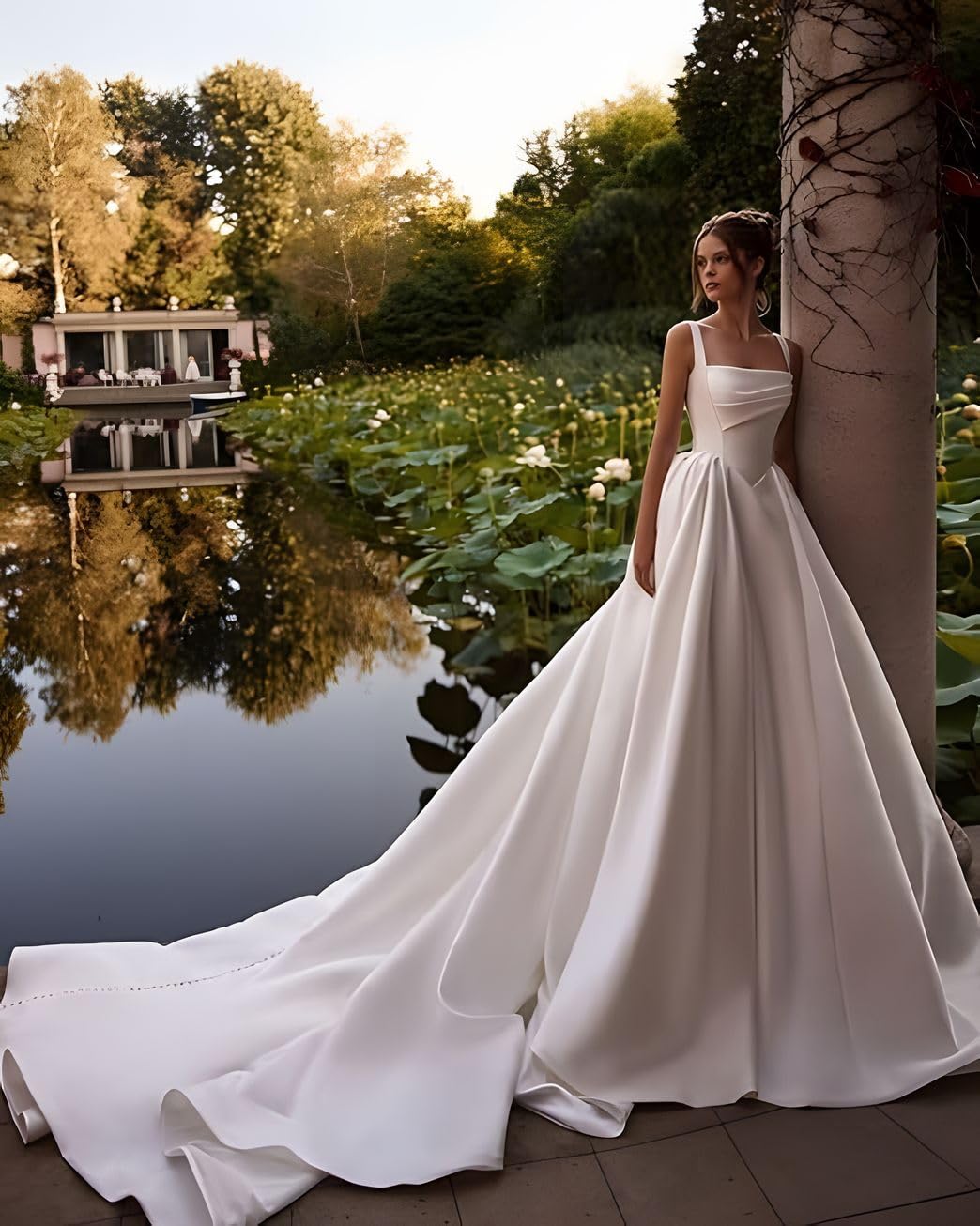 Robe de mariée en satin - Robe de mariée blanche avec traîne - Robe de mariée sans bretelles pour femme - Élégante robe de mariage