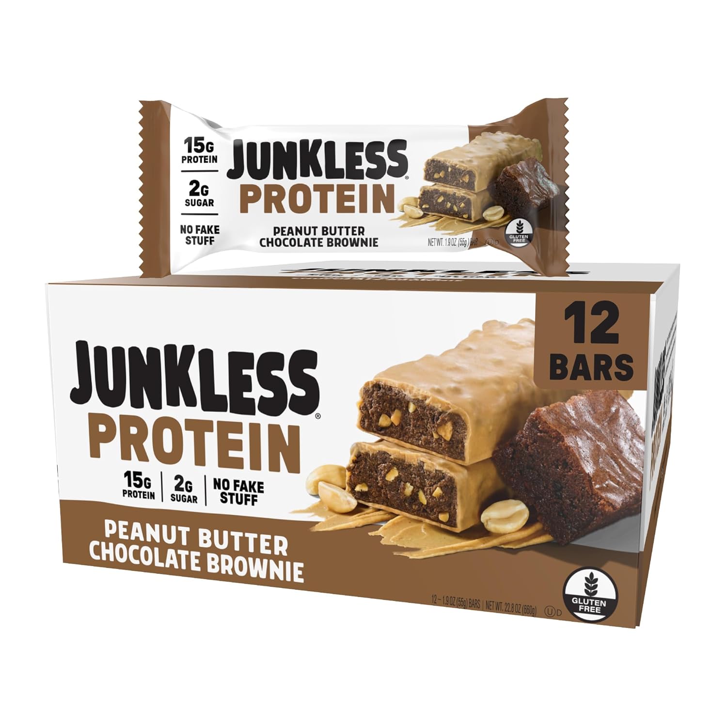 JUNKLESS Protein Bars – 15g Protein, No Added Sugar, Gluten Free, High Fiber, Delicious Taste and Texture, Satisfying, Healthy Snack for Energy – 12 Bars (Peanut Butter Chocolate Brownie)