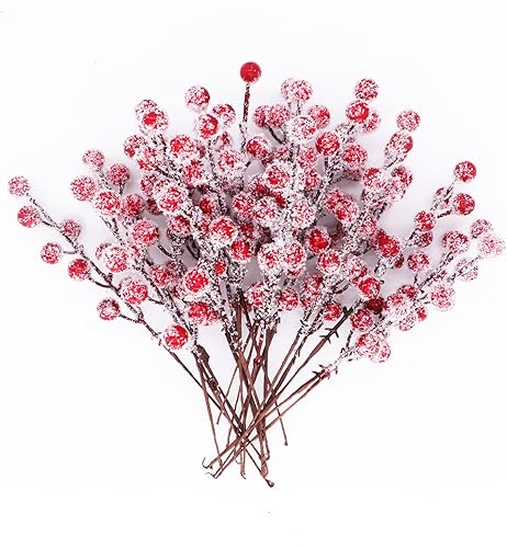 Miniatura 4 de 24 tallos artificiales de bayas de acebo de 9 pulgadas, pulverizadores de bayas rojas falsas nevadas para ramas de árbol de Navidad, adornos de San