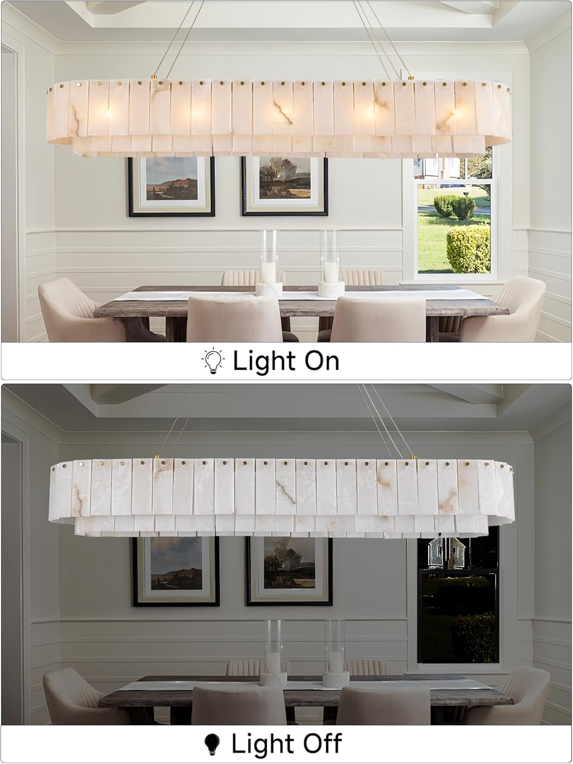 Alabaster Rectangle Chandelier,Modern Dining Room Chandeliers Over Table,Spanish Marble Pendant Light Fixtures with 12-Lights for Kitchen Island,Living Room(Gold-L55 inchs,Height Adjustable,G9)