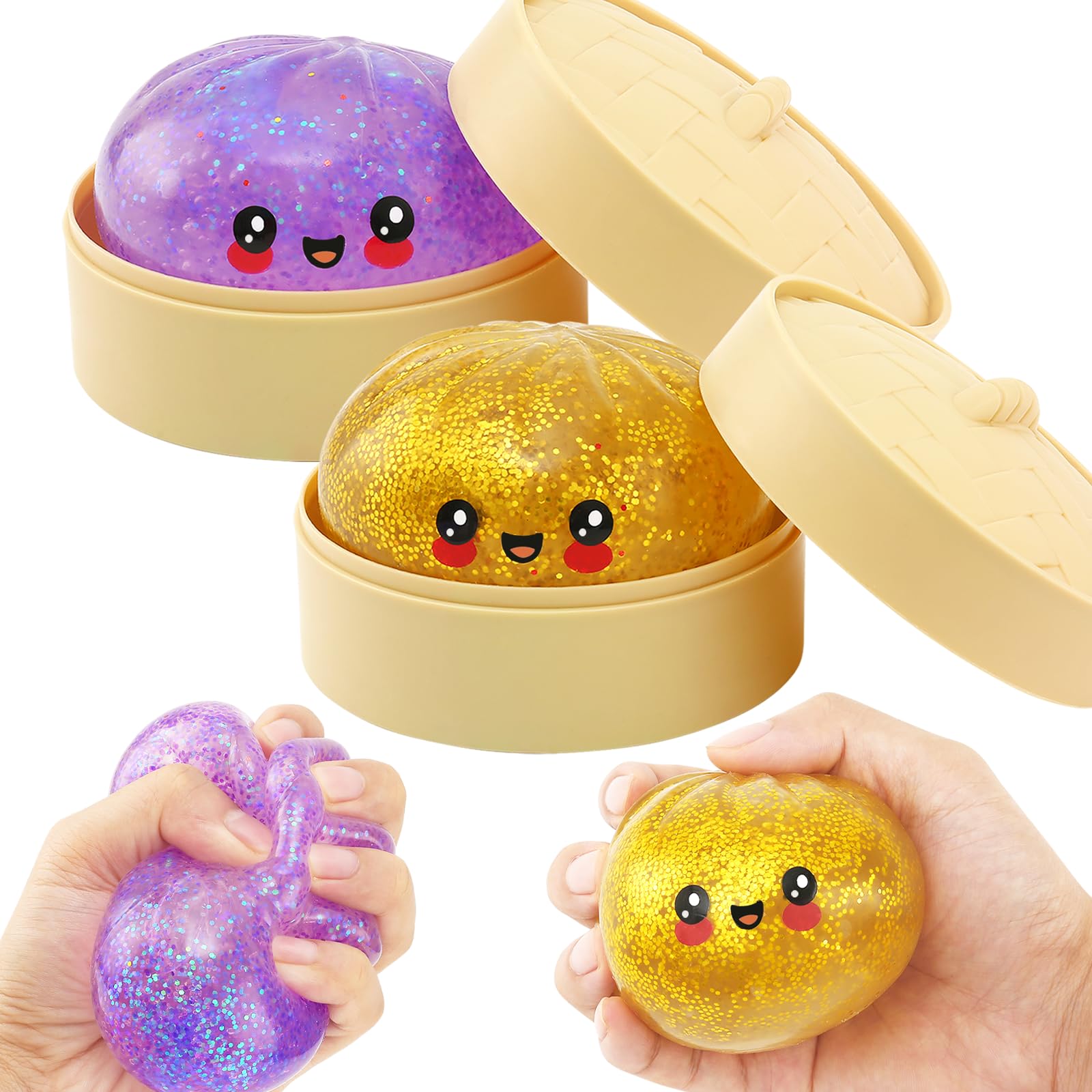 RZCOMP Dumpling Squishy Glitter Dumpling Squishy Toys with Plastic Steamer Box,Big Dumpling Squishy Stress Relief Fidget Squeeze Toys Gift for Adults & kids 2PCS