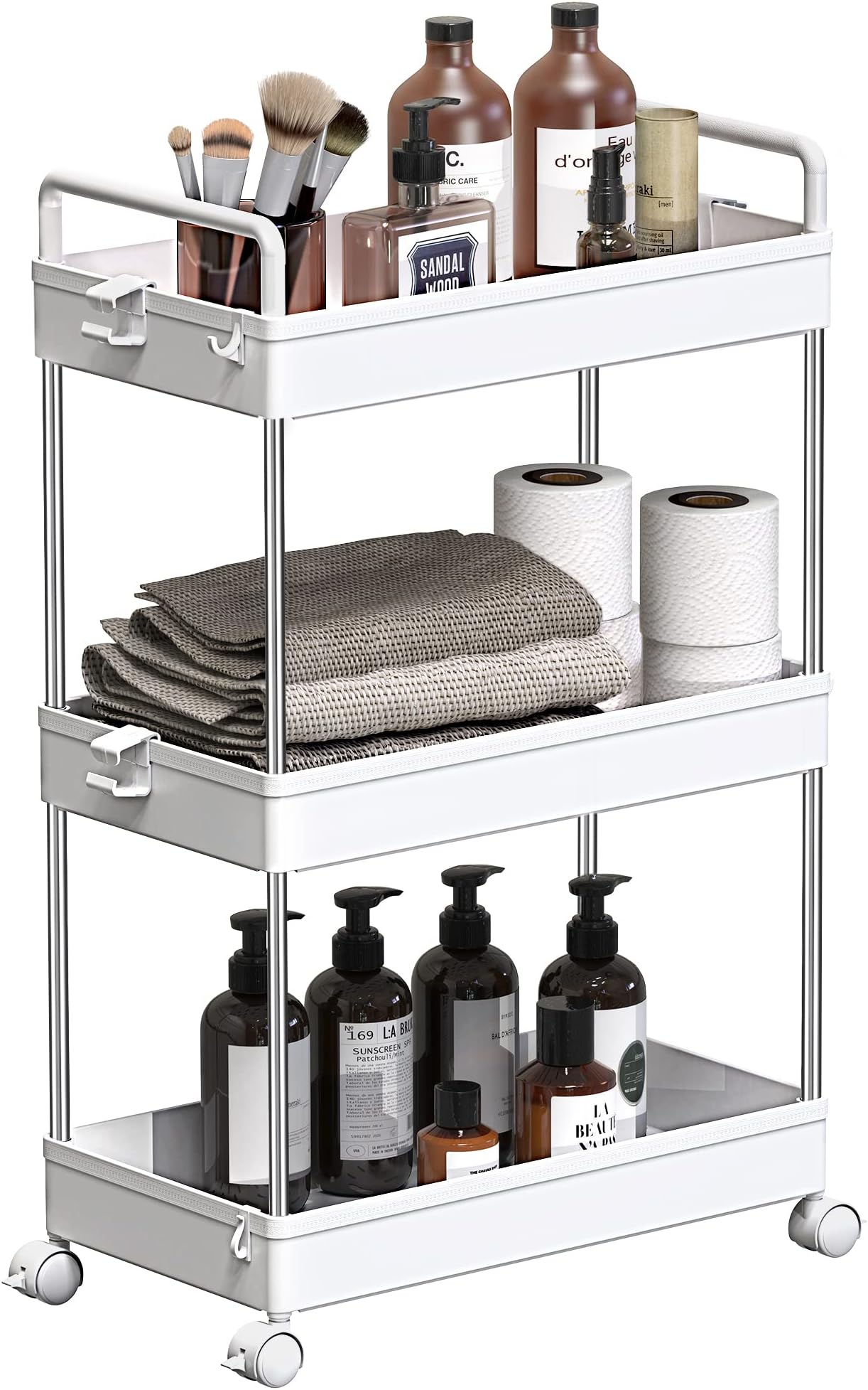 SOLEJAZZ Rolling Storage Cart, 3 Tier Utility Cart Mobile Slide Out Organizer, Bathroom Standing Rack Shelving Unit Organizer for Kitchen, Bathroom, Laundry Room, White