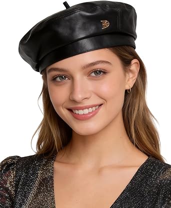 Womens PU Leather Beret Hat Retro French Style Painter Cap Adjustable Size for Spring Fall Winter