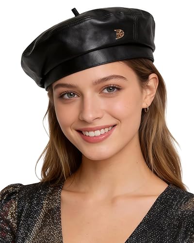 Damen-Mütze, PU-Leder, Vintage-Stil, einfarbig, französische Malermütze | Glattes, glänzendes PU-Material, verstellbarer Innenriemen, weiches Futter, winddicht, warm, 2 Stile erhältlich für den - Einheitsgröße - Black 3#