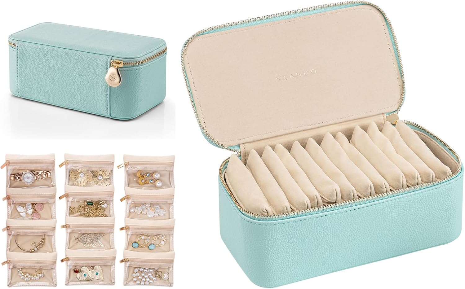 VLANDO Travel Jewelry Box Organizer – Portable PU Leather Jewelry Case with 6/8/12 Zippered Pouches, Compact Storage for Earrings Rings Necklaces Bracelets, Aqua Blue
