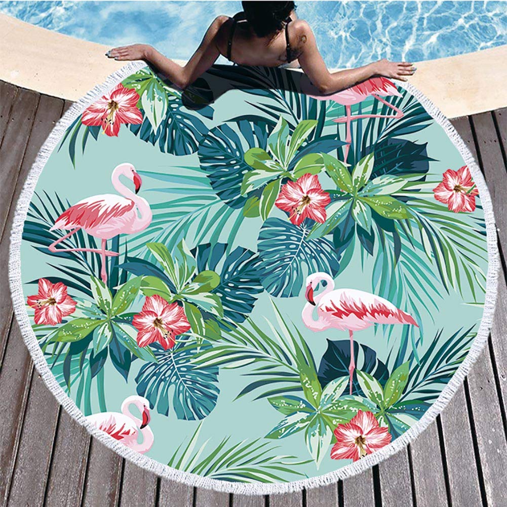 BOYOUTH Round Beach Towel,Pink Flowers,Flamingo and Blue Green Torpical Leaves Pattern Printing Beach Mat with Tassels Ultra Soft Super Water Absorbent Multi-Purpose Towel,59 inch-Diameter