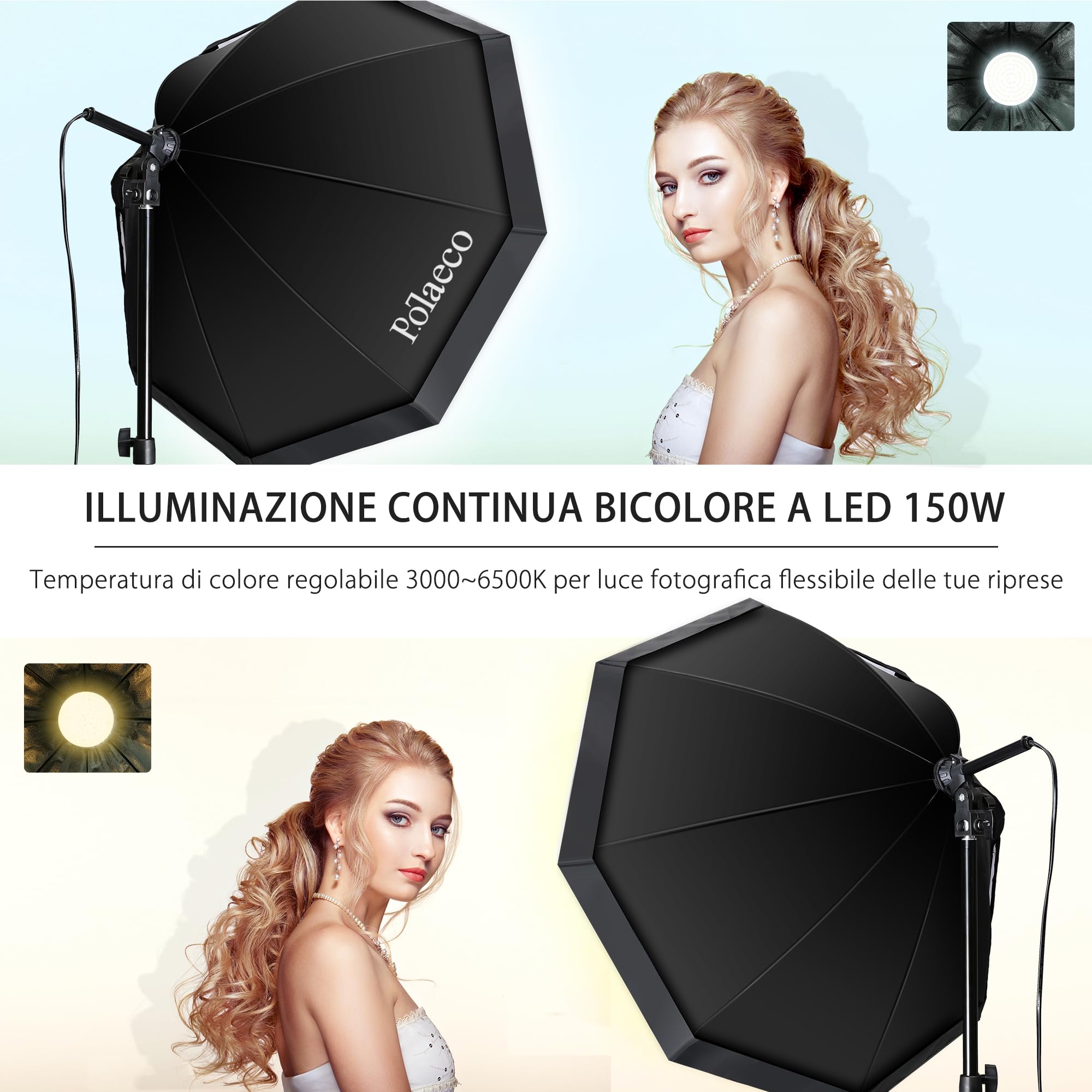 Softbox LED Set Luci per Studio Fotografico Softbox Octagon con 150W E27 Lampadine Dimmerabile 3000~6500K e Supporti Regolabili 2m per Ritratti Foto di Moda Prodotti Video YouTube Live Streaming