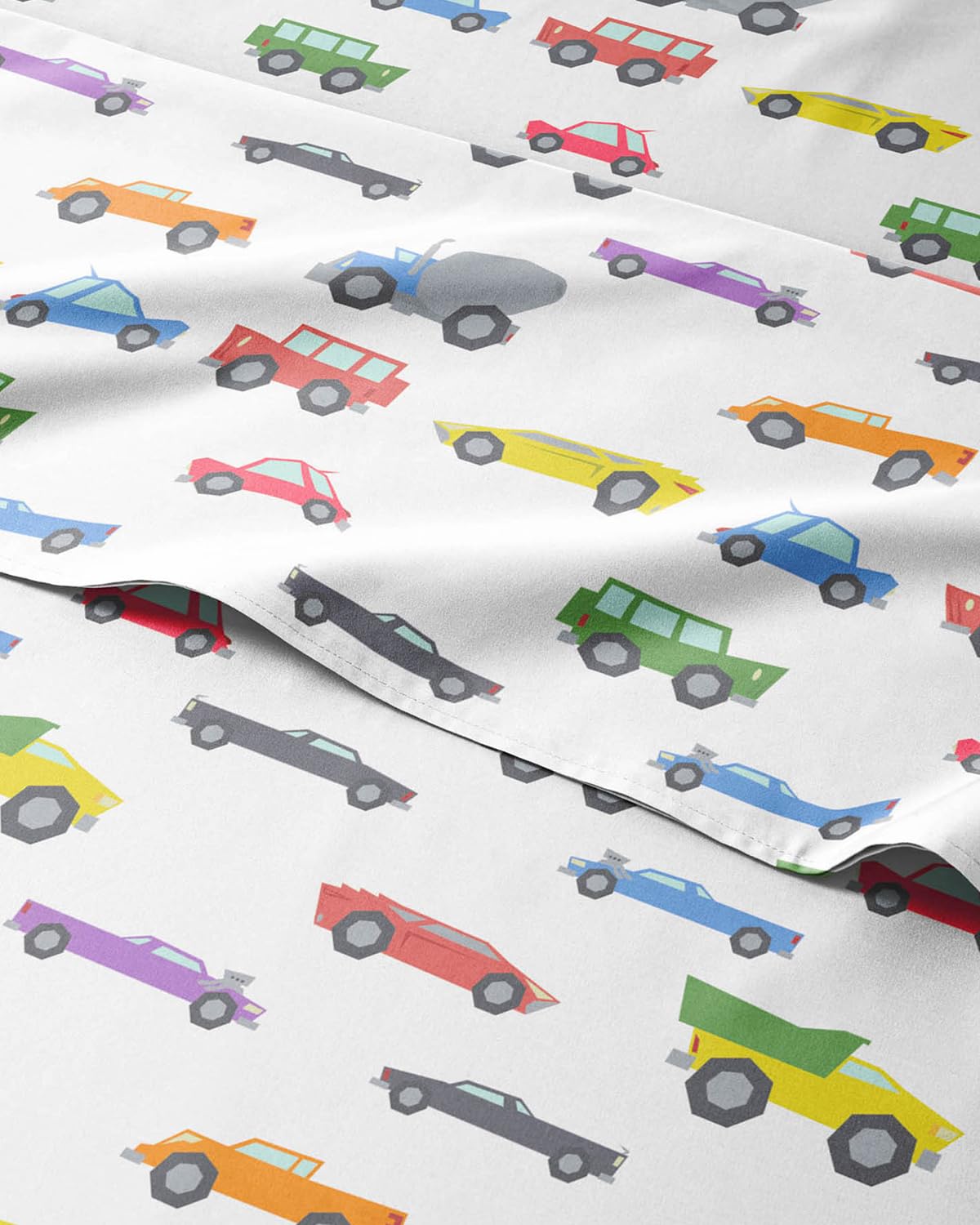 kids queen size car bed sheets - 4 piece cars microfiber sheet set - cartoon truck bedding - soft, cute & comfy - breathable & machine washable - transport bed set for boys, girls, teens and toddlers