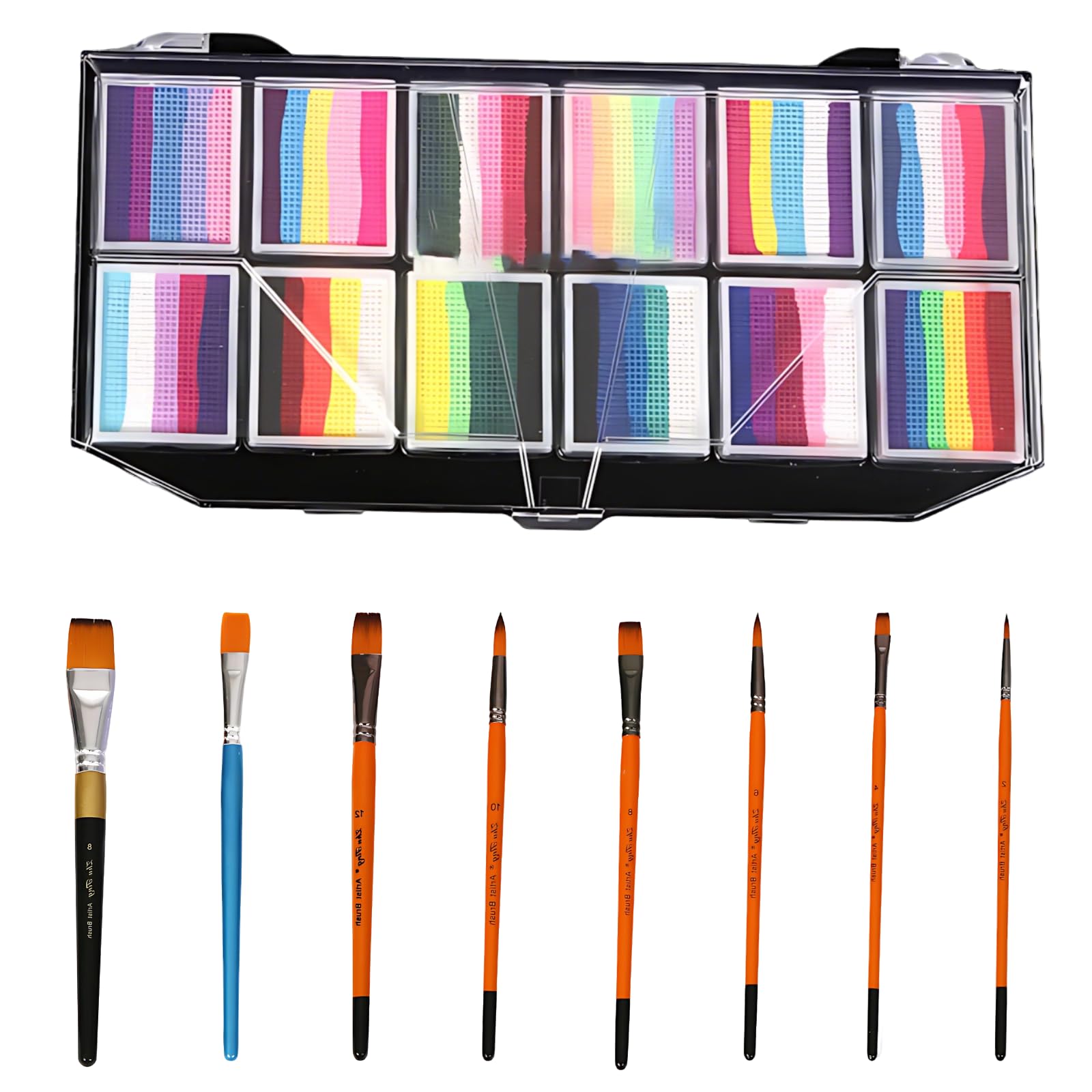 12-kolorowa paleta farb do twarzy, 6 pędzli, tęczowe odcienie, zestaw na bazie wody dla dzieci, na Halloween, imprezę, cosplay