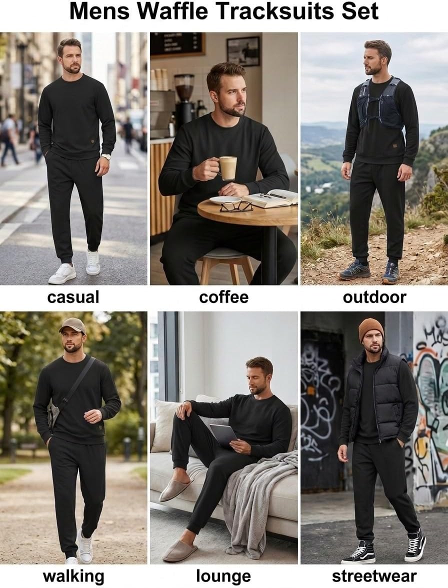 Vssjavun Mens Sweatsuits Set Waffle Long Sleeve Track Suits 2 Piece Sets